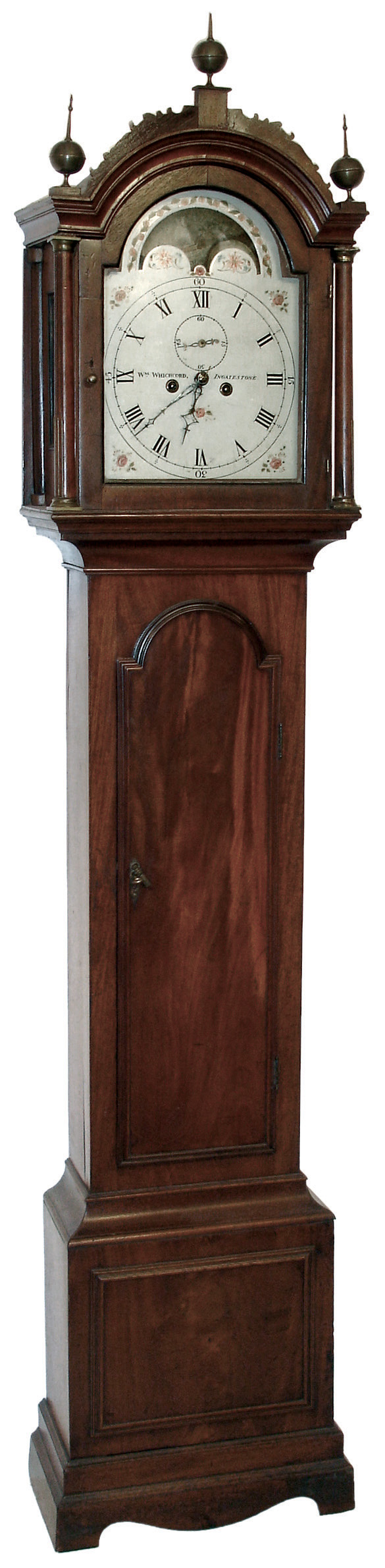 William Whichcord, Ingatestone, England, tall case clock, 8 days, time, strike and calendar, weight driven movement in a walnut case with crotch mahogany veneer trunk door and a painted iron dial, c1820 — Antique Clocks Price Guide