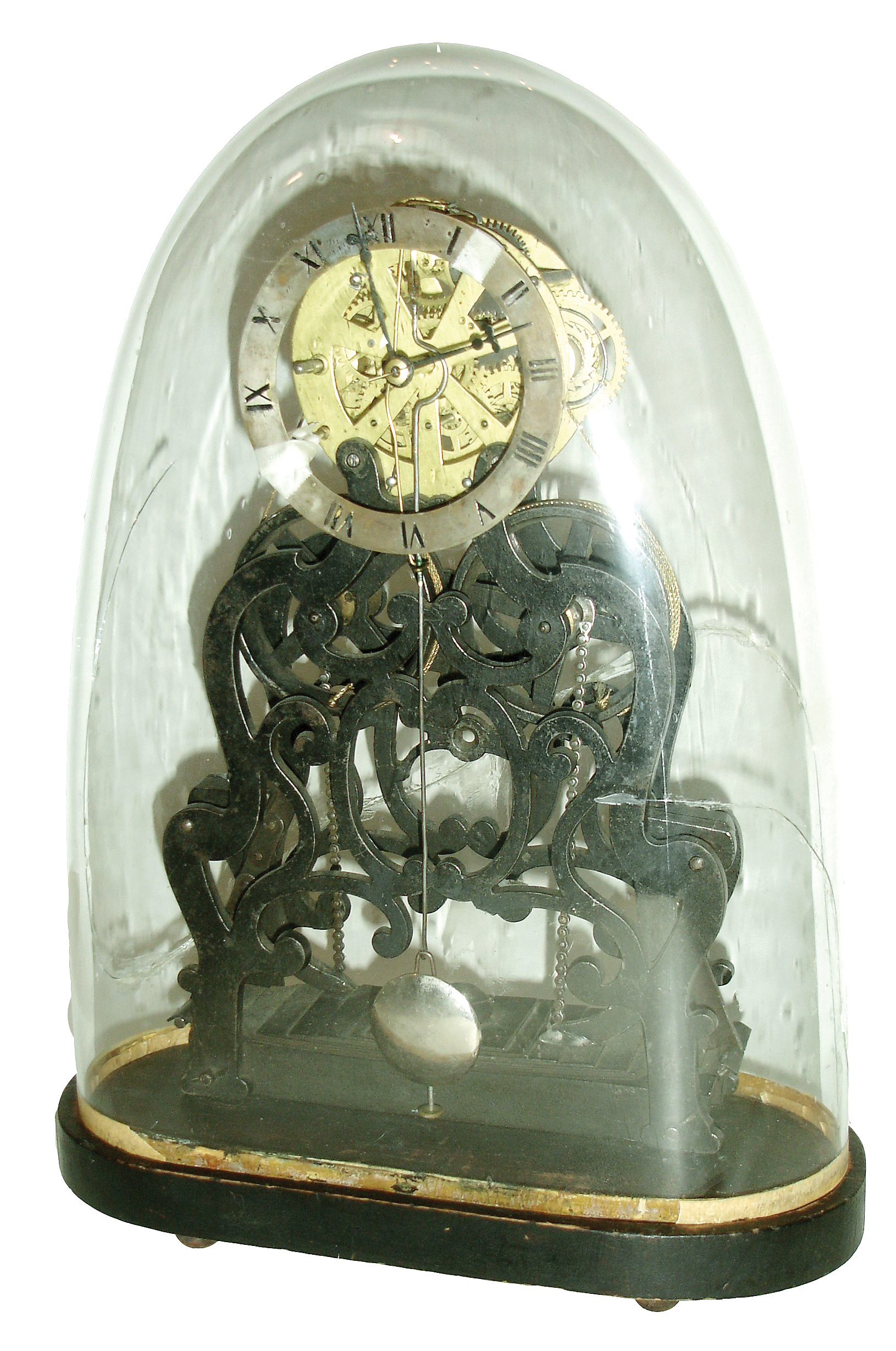 American 30-day, time only, ÒskeletonÓ clock, movement by Atkins, Whiting &amp; Co., with Joseph IveÕs wagon spring power plant and mounted to wooden base, under dome, c1853 — Antique Clocks Price Guide