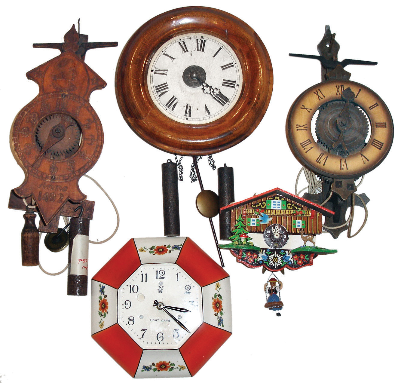 Clocks- 11 (Eleven) Hanging. mostly weight-driven: Includes Columbus, 1892, 2 blue/white China, Seth Thomas Miniature Banjo, Owl Moving Eyes, Postal Clock, Bouncing Doll, etc., most 20th century. — Antique Clocks Price Guide