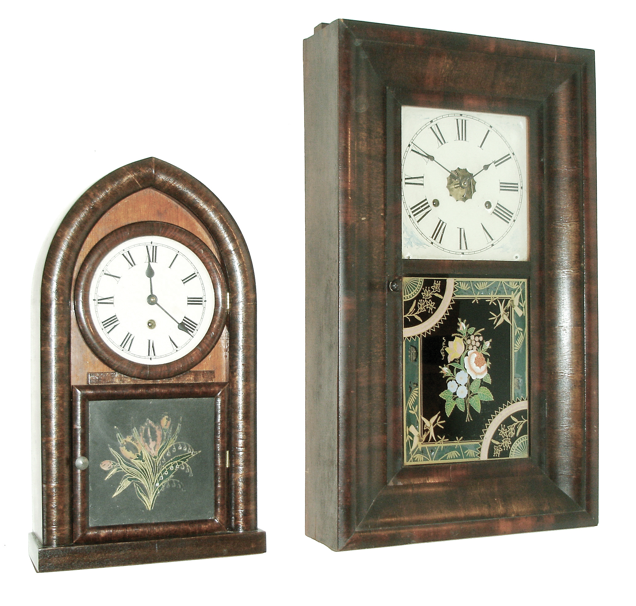 Clocks- 2 (Two): Connecticut shelf clocks. (1) Jerome &amp; Co., New Haven, Conn., 30 hours, time and strike, weight driven, OOG in Mahogany case, c1880; (2) Waterbury ÓbeehiveÒ case with a new, 8 days, spring driven, time only, movement, — Antique Clocks Price Guide
