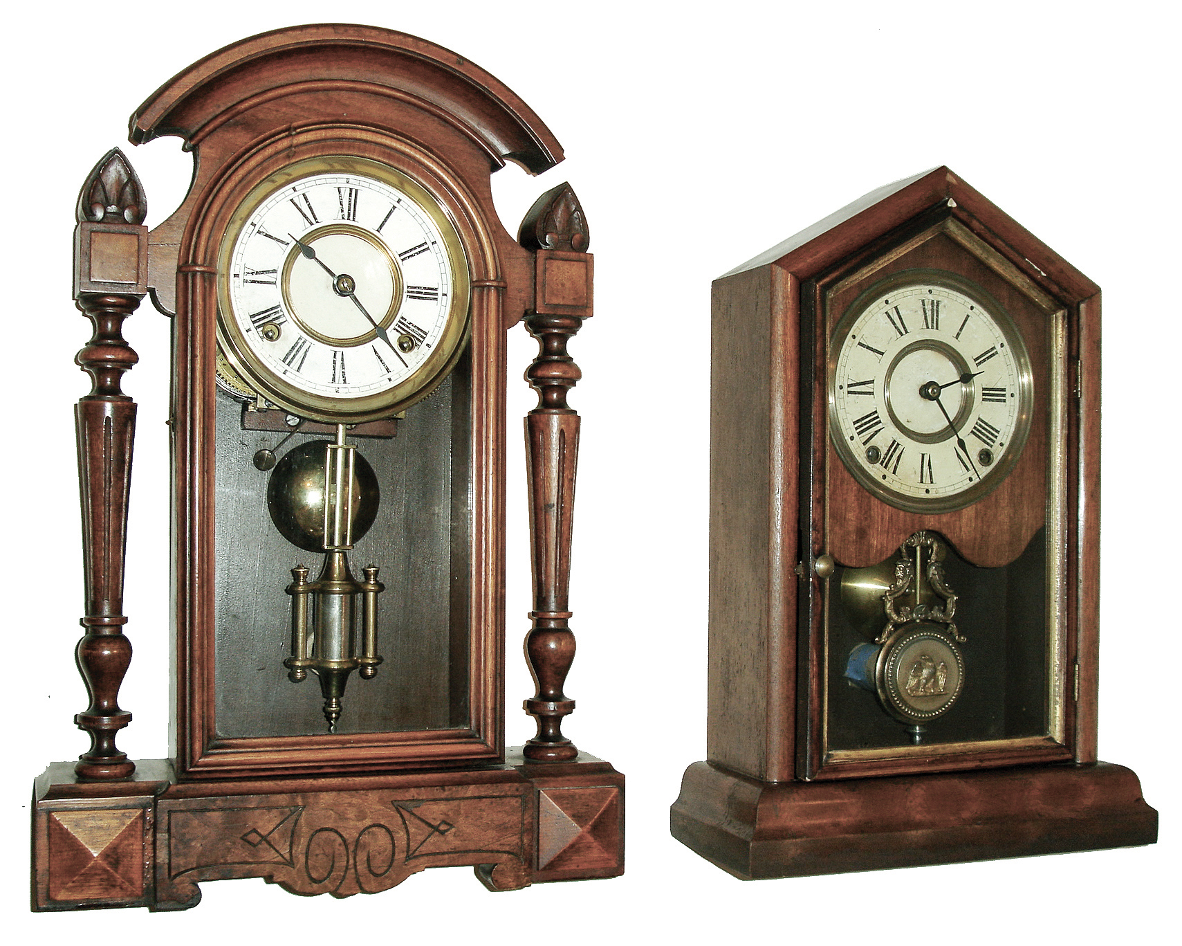 Clocks- 2 (Two): (1) Seth Thomas Clock Co., Thomaston, Conn., ÓVictoria V.P.Ò, 8 days, spring driven, time and strike, movement in a mahogany case, c1879. (2) F. Kroeber, 8 Cortlandt St., New York, NY, ÓNiagraÒ spring driven, 8 days, time and strike, shelf clock in a walnut case, c1880. — Antique Clocks Price Guide