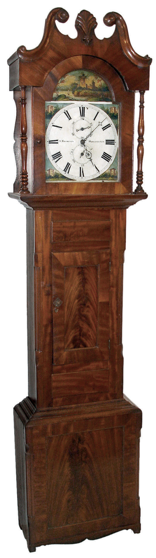 S. Thompson, Darlington, England, tall case clock, 30 hours, time, strike and calendar, weight driven movement in a broken arch mahogany veneer case with crotch mahogany high lights with a painted iron dial, c1850 — Antique Clocks Price Guide