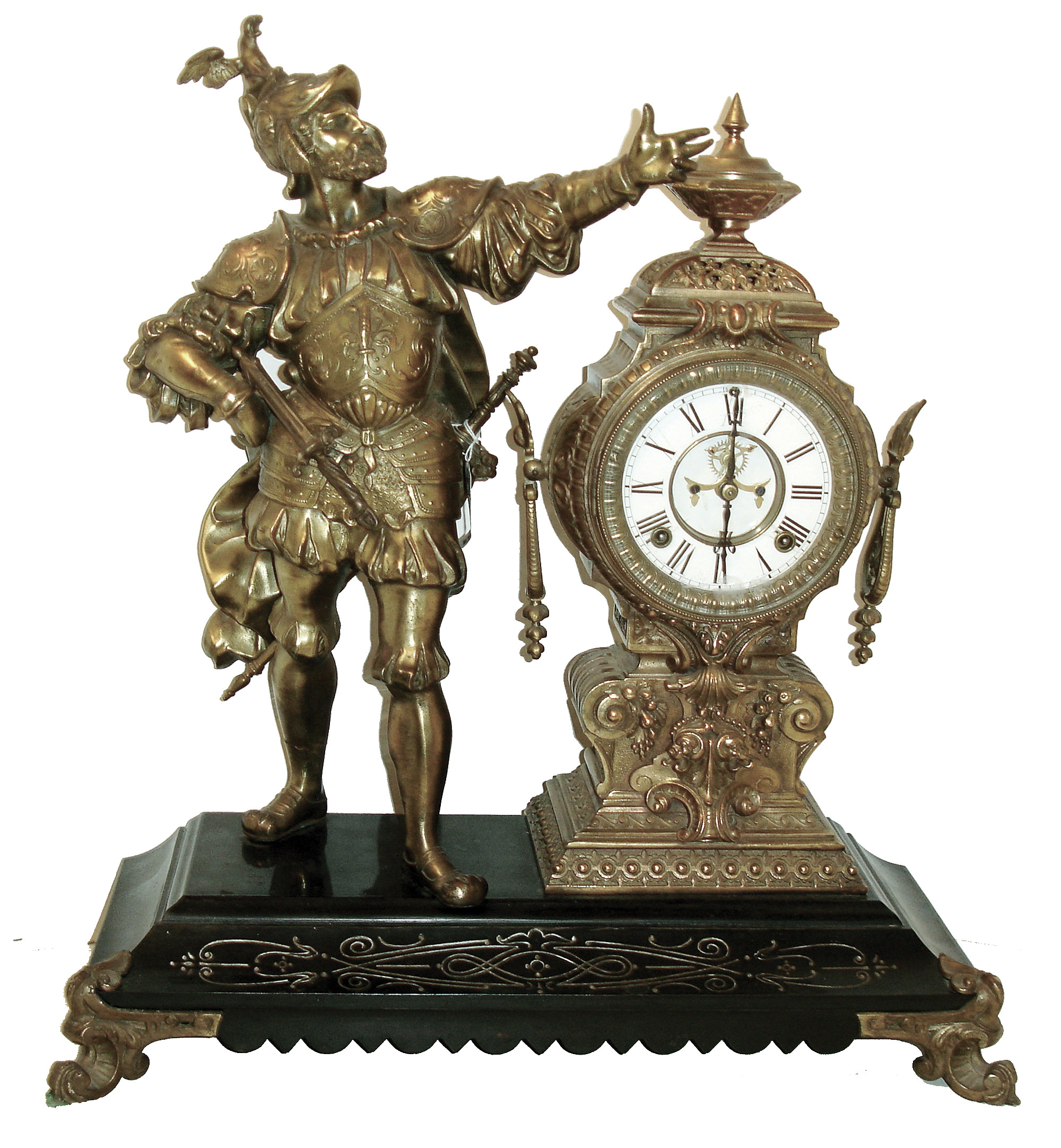 Ansonia Clock Co., New York, NY, ÓInsultÒ figural shelf clock, 8 days, time and strike, spring driven movement in an Japanese Bronzed spelter case resting on a black enameled cast iron base featuring a Renaissance gentleman offering insult to his absent opponent with a white enamel dial with open escapement, c1890 — Antique Clocks Price Guide