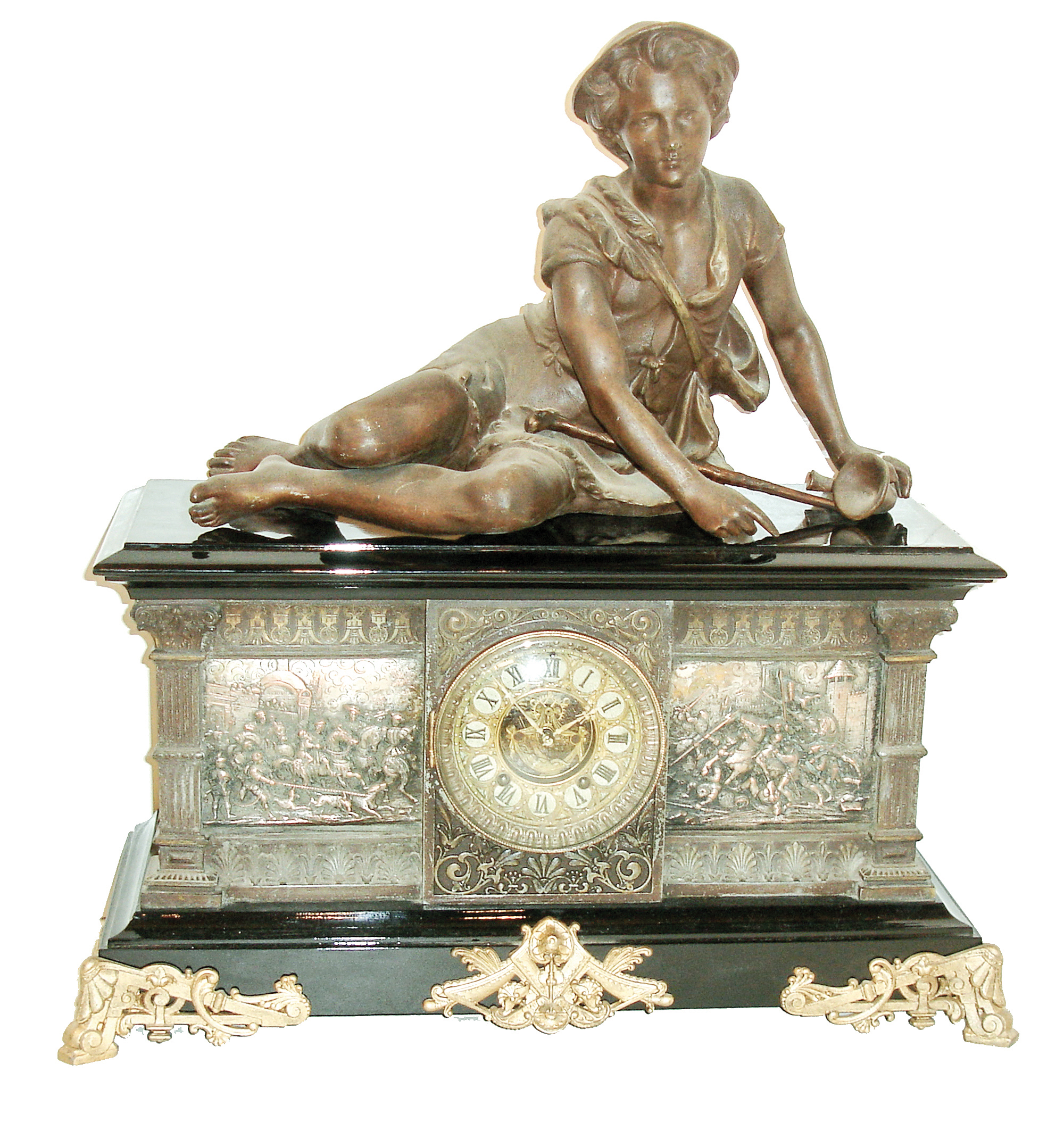 Ansonia Clock Co., New York, NY, ÒColumbiaÓ figural shelf clock, 8 days, time and strike, spring driven movement in a enameled cast iron case with applied cast friezes depicting Medieval military scenes resting on large cast brass front feet surmounted by a spelter statue of shepard boy reclining and a extra fancy cast brass dial with applied Roman numerals and open escapement, c1890 — Antique Clocks Price Guide