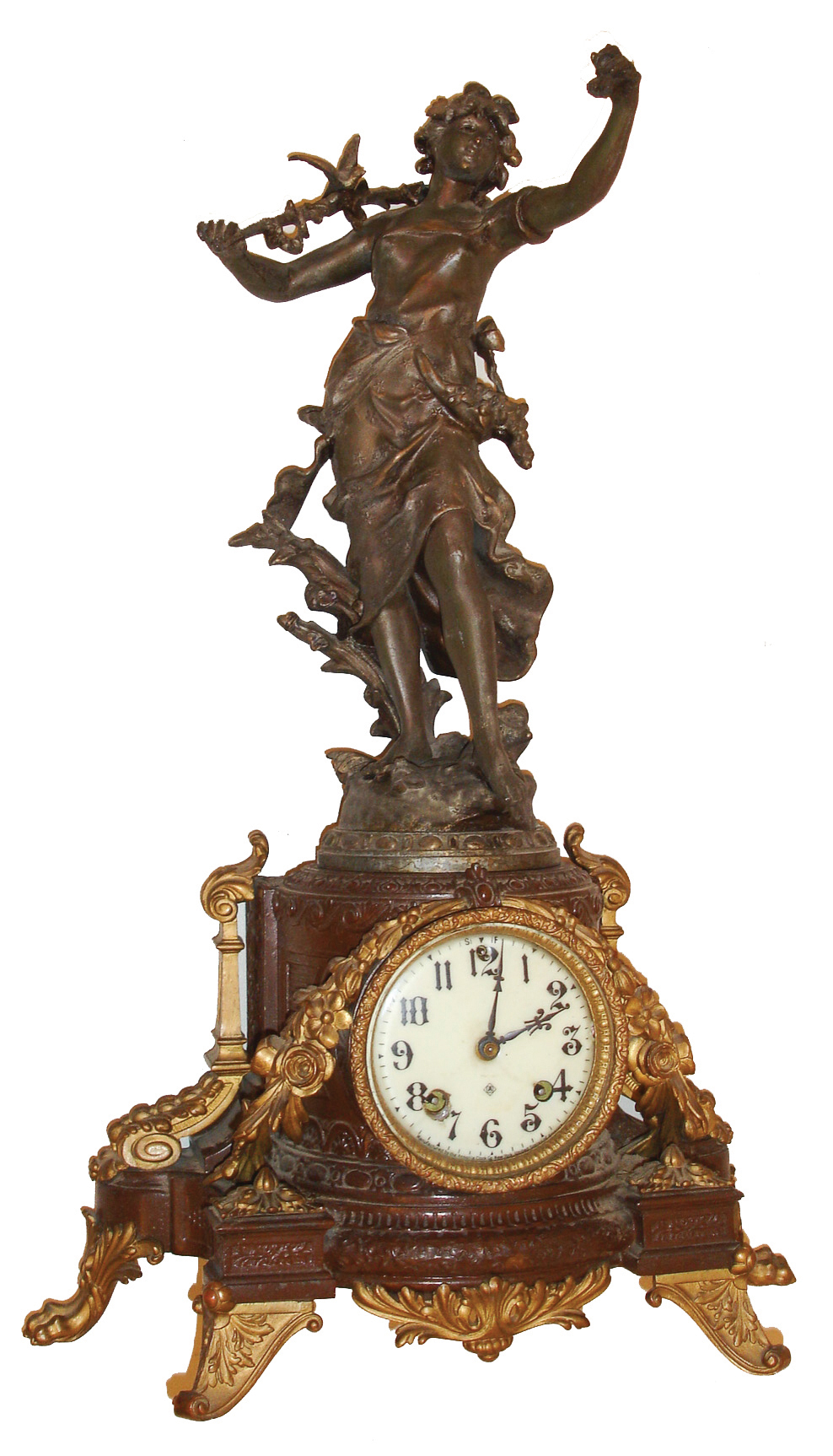 Ansonia Clock Co., New York, NY, ÓOlympia (base) and Bacchante (statue)Ò mantel clock with an, 8 days, time and strike, movement in a cast metal case, c1904. — Antique Clocks Price Guide