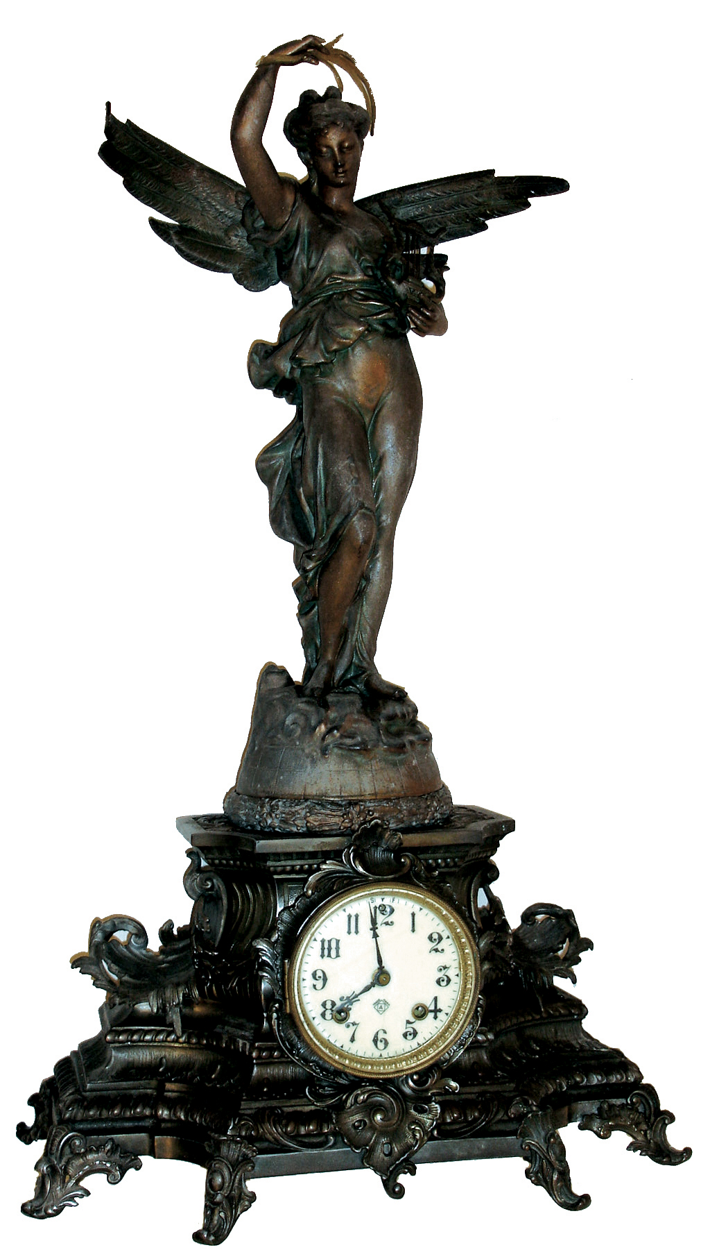 Ansonia Clock Co., New York, NY, ÓUndine (base) and Gloria (statue)Ò mantel clock with an, 8 days, time and strike, movement in a cast metal case, c1904. — Antique Clocks Price Guide