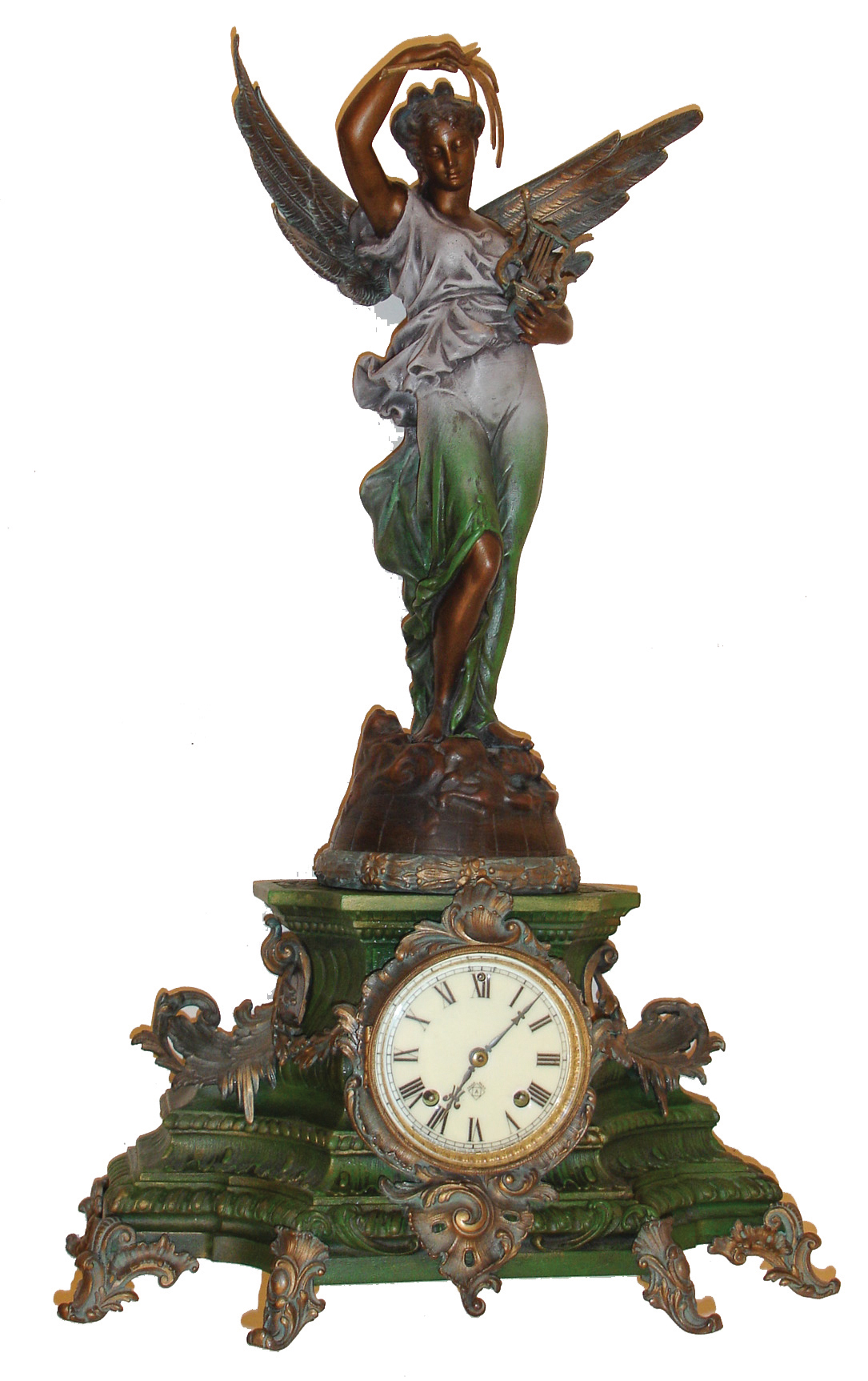 Ansonia Clock Co., New York, NY, ÒUndine (base) and Gloria (statue)Ó mantel clock with an, 8 days, time and strike, movement in a cast metal case, c1904. — Antique Clocks Price Guide