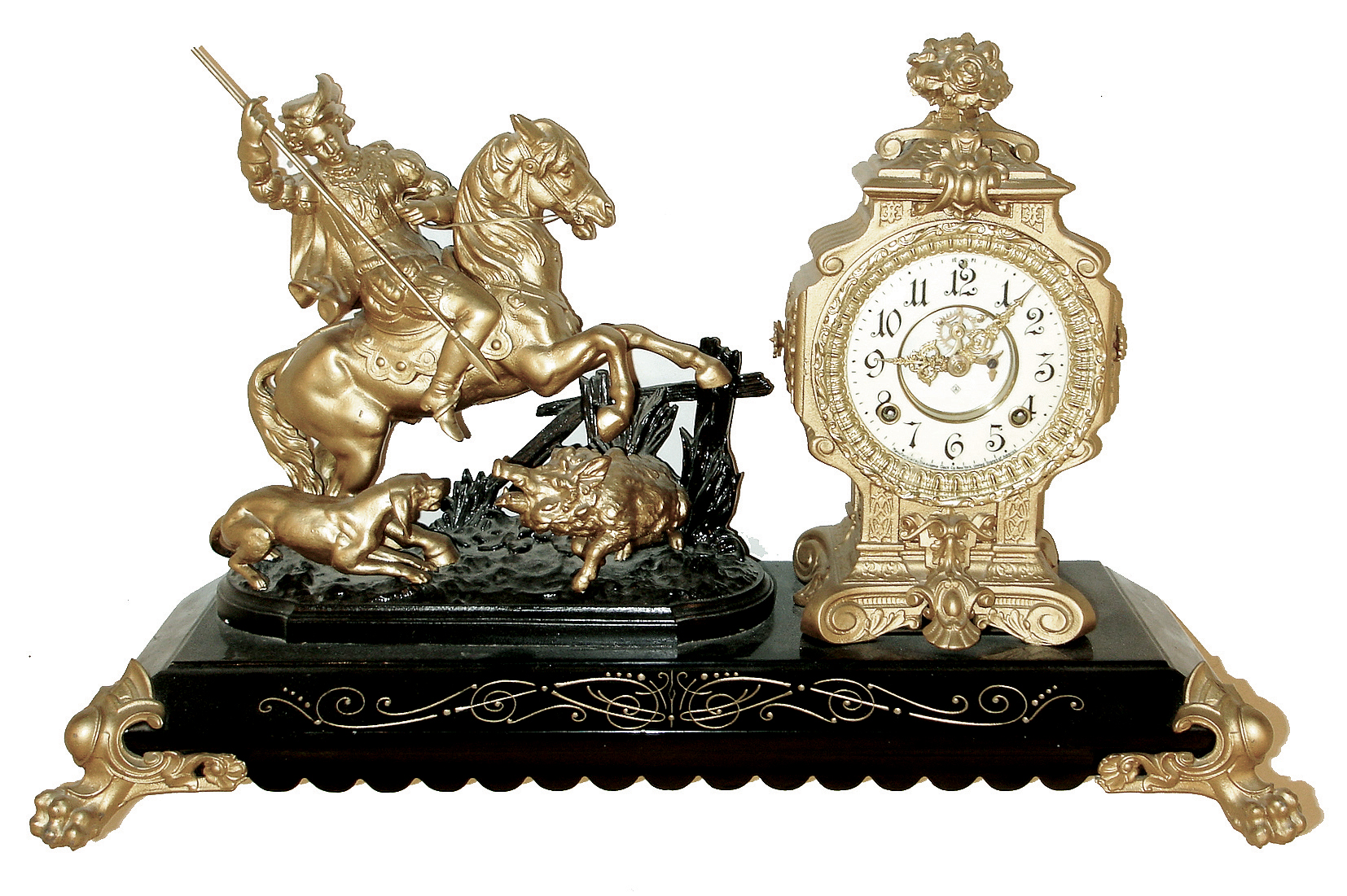 Ansonia Clock Co., New York, NY, ÒBoar HunterÓ figural shelf clock, 8 days, time and strike, spring driven movement in a cast metal case on a fancy enameled cast iron base with bold attached paw feet, a cream enamel dial and open escapement, c1894 — Antique Clocks Price Guide