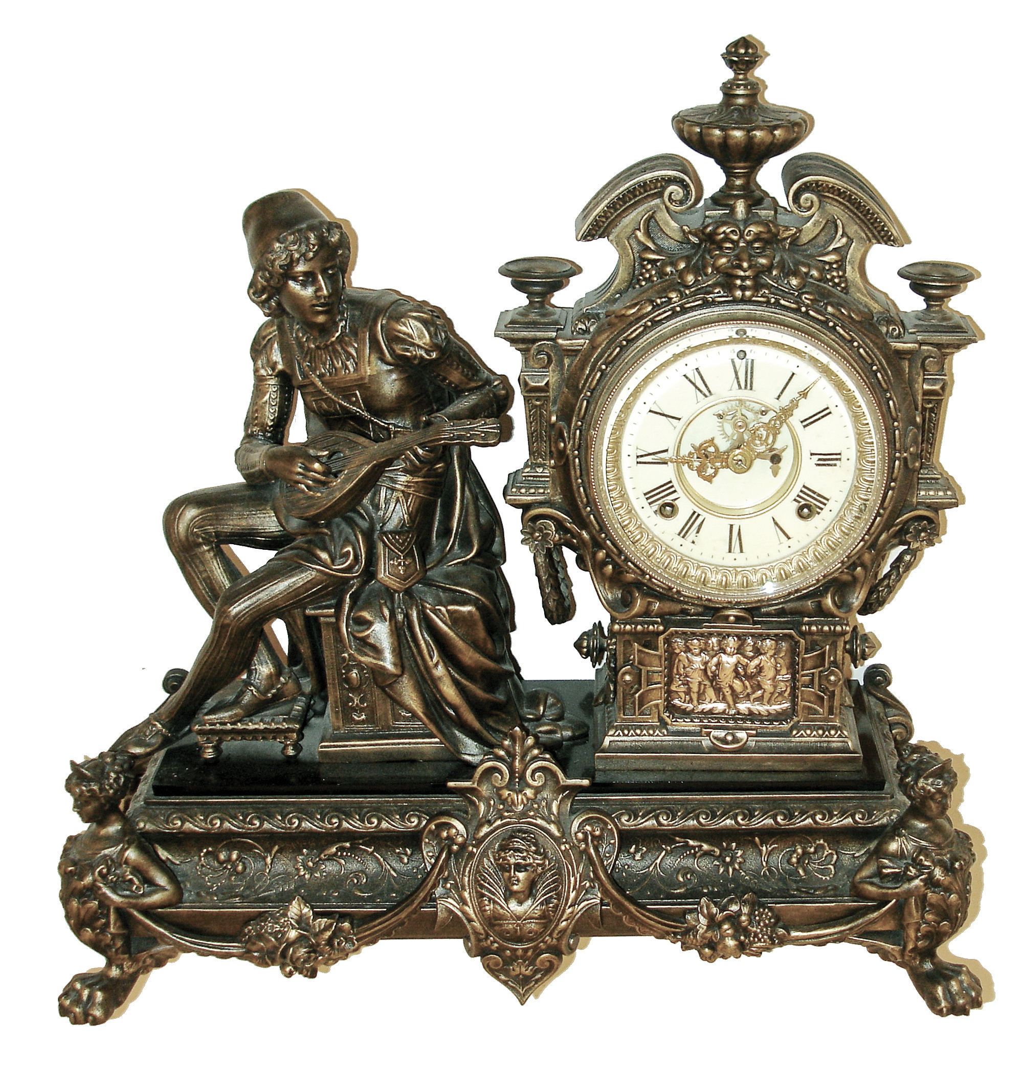 Ansonia Clock Co., New York, NY, ÓBardÒ figural shelf clock, 8 days, time and strike, spring driven movement in a Japanese Bronze finished spelter case on enameled cast iron base with cast female figures for front feet with a cream enamel dial and open escapement, c1890 — Antique Clocks Price Guide