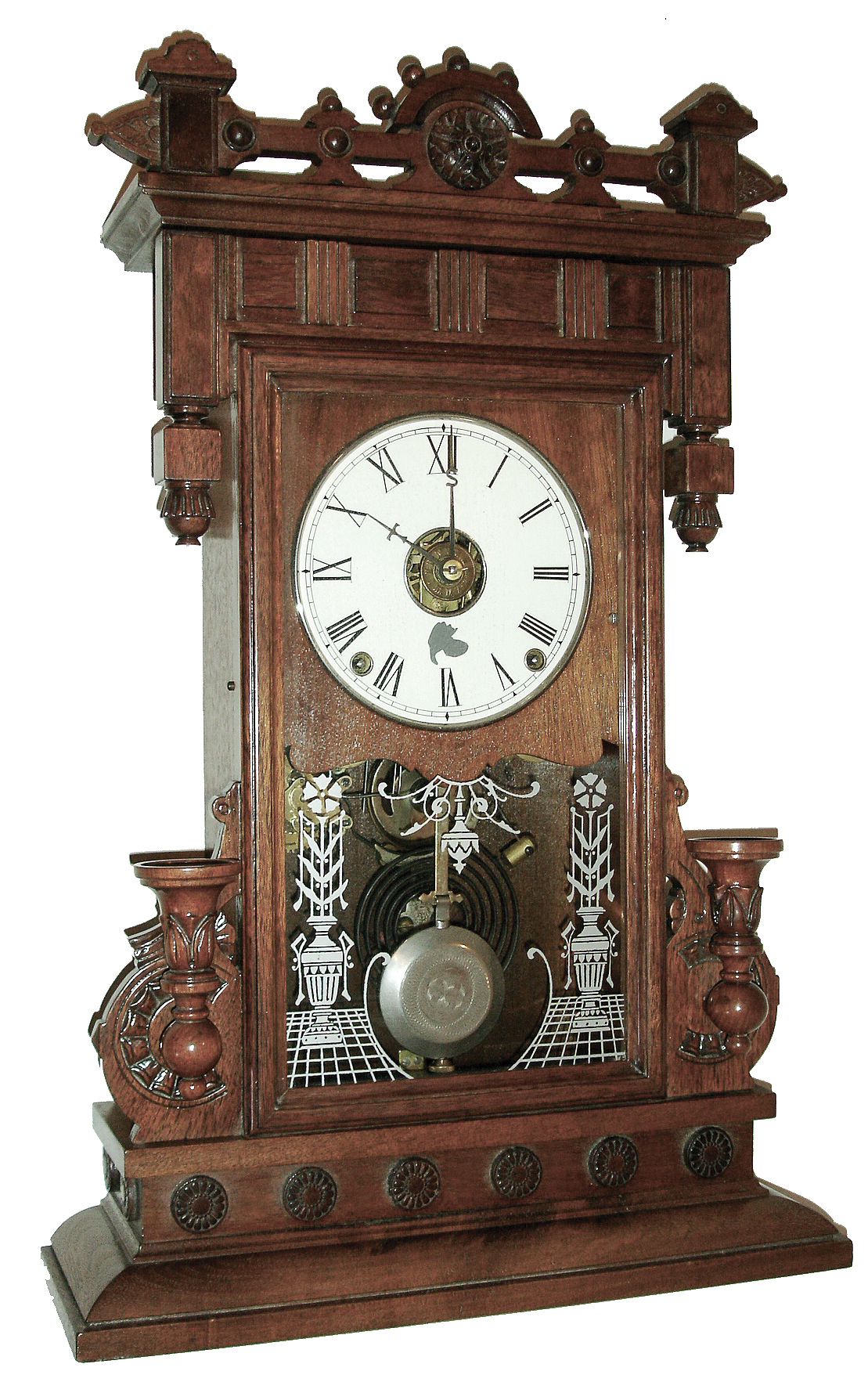 Seth Thomas Clock Co., Thomaston, Conn., ÓBeloitÒ model city series mantel clock with spring driven, 8 days, time, strike and alarm movement in a walnut case, c1885. — Antique Clocks Price Guide