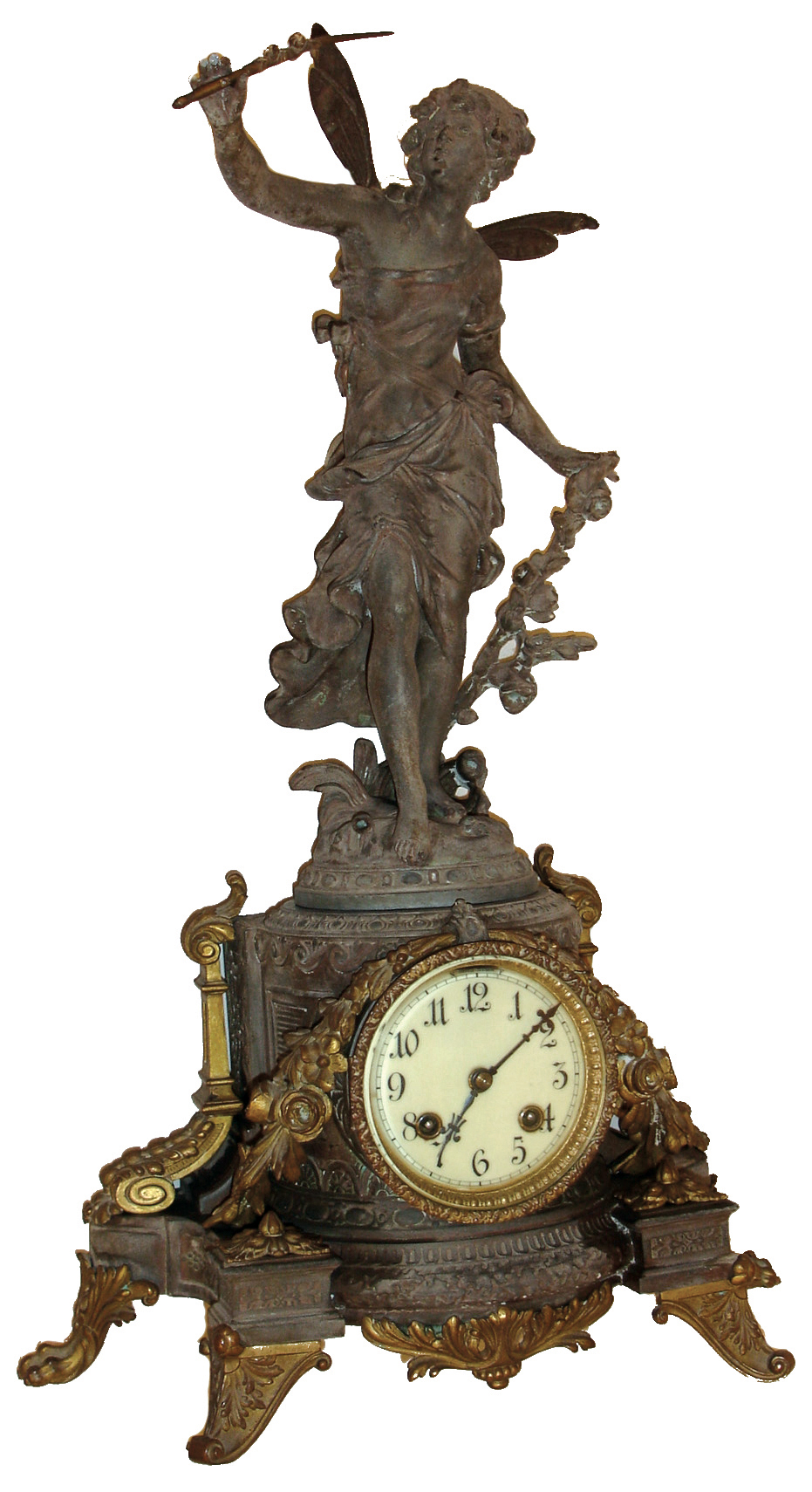 Ansonia Clock Co., New York, NY, ÓOlympia (base) and Chloris (statue)Ò mantel clock with an, 8 days, time and strike, balance wheel movement in a cast metal case originally with the brass finish, c1904. — Antique Clocks Price Guide
