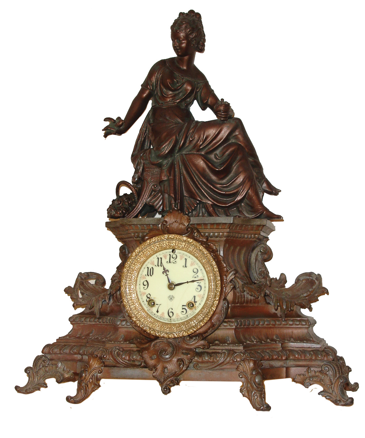 Ansonia Clock Co., New York, NY, ÓUndine (base) and Flora (statue)Ò mantel clock with an, 8 days, time and strike, movement in a cast metal case, c1904. — Antique Clocks Price Guide