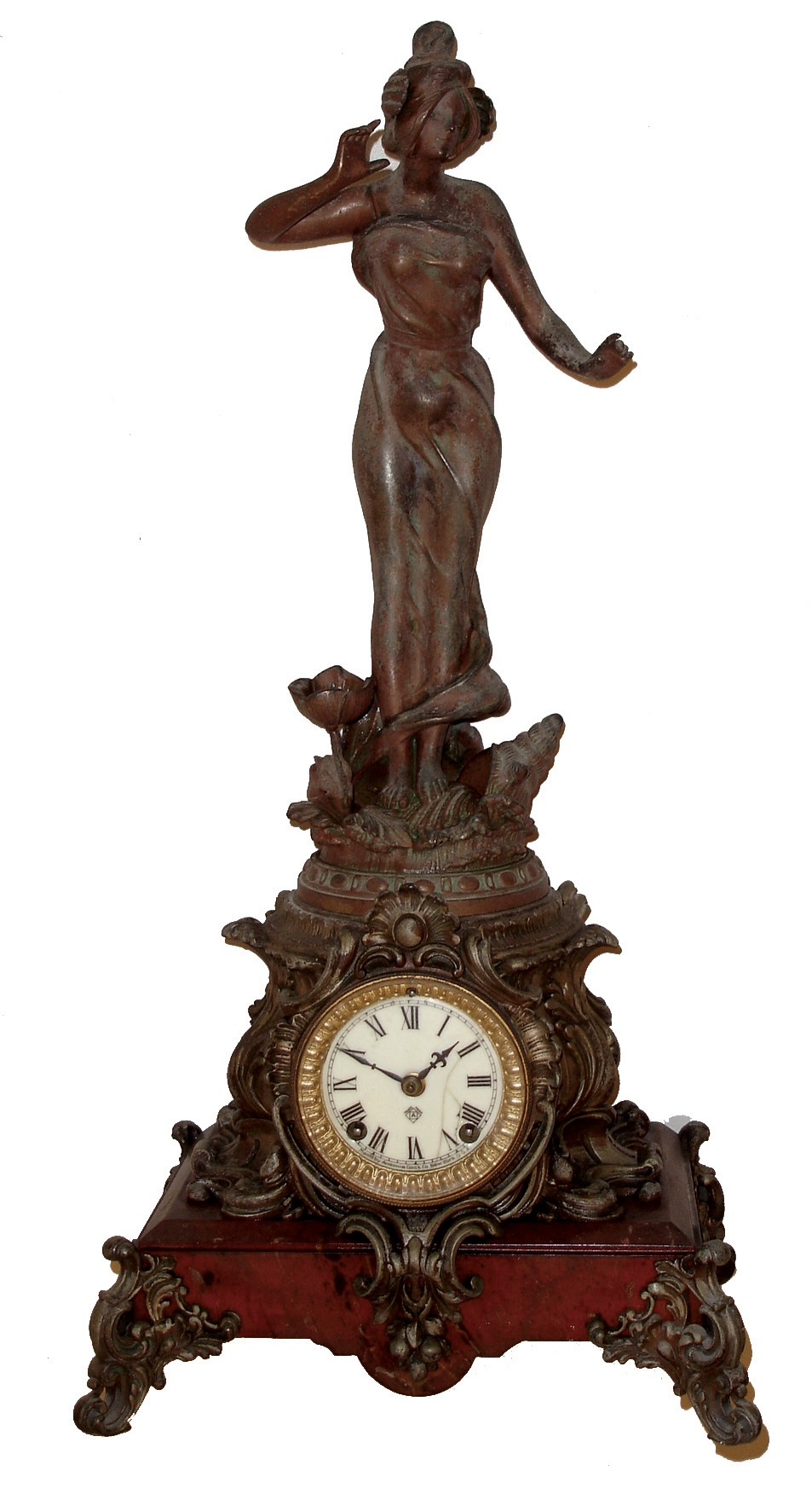 Ansonia Clock Co., New York, NY, ÒCymric and No. 1176Ó mantel clock with a spring driven, 8 days, time and half hour strike movement in an Art Nouveau style cast metal figurine case, c1904. — Antique Clocks Price Guide