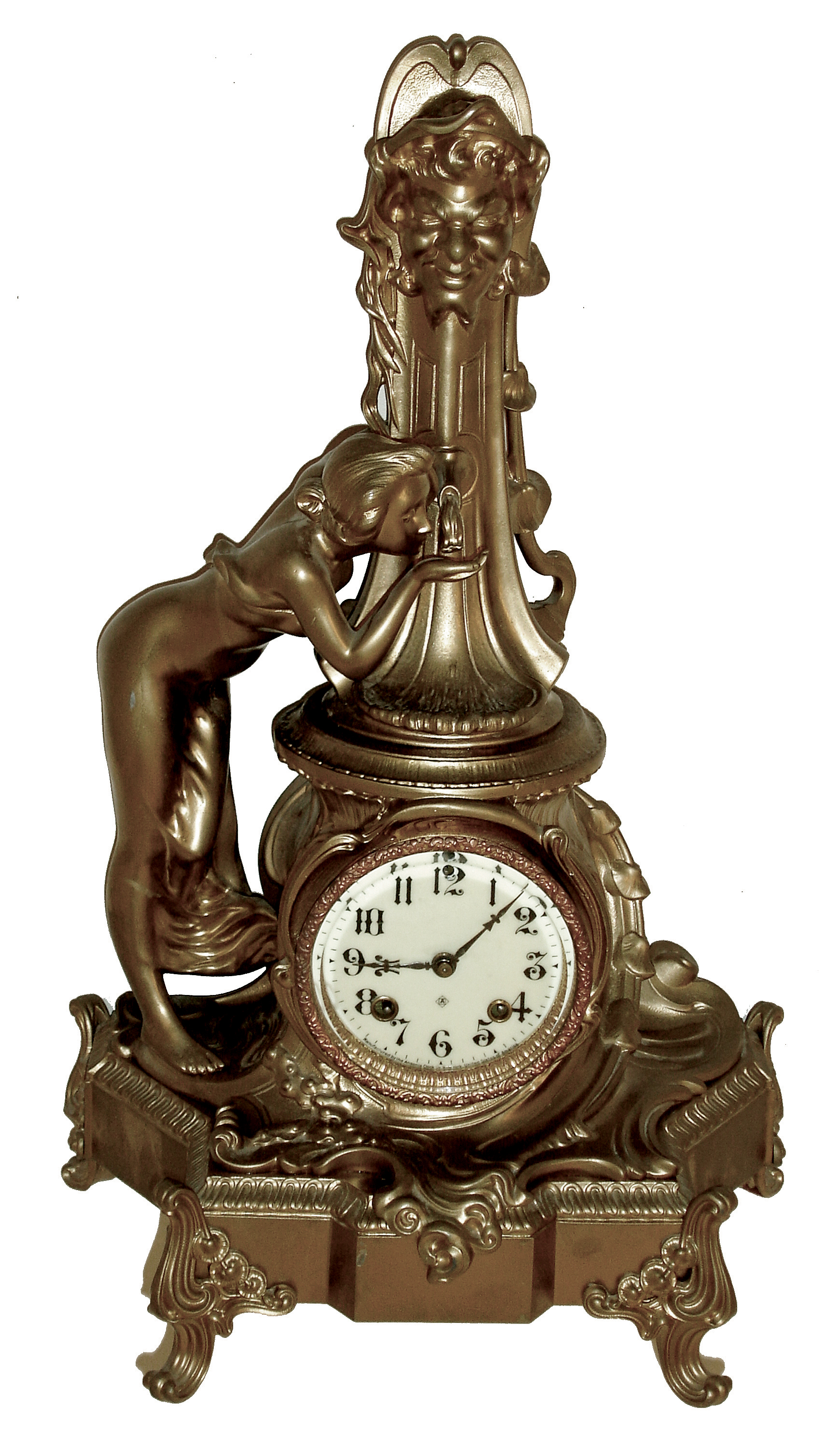 Ansonia Clock Co., New York, NY, ÒFountainÓ figural shelf clock, 8 days, time and strike, spring driven movement in a Barbedienne finished spelter case depicting woman bending to drink from fountain with a cream enamel dial, c1890 — Antique Clocks Price Guide
