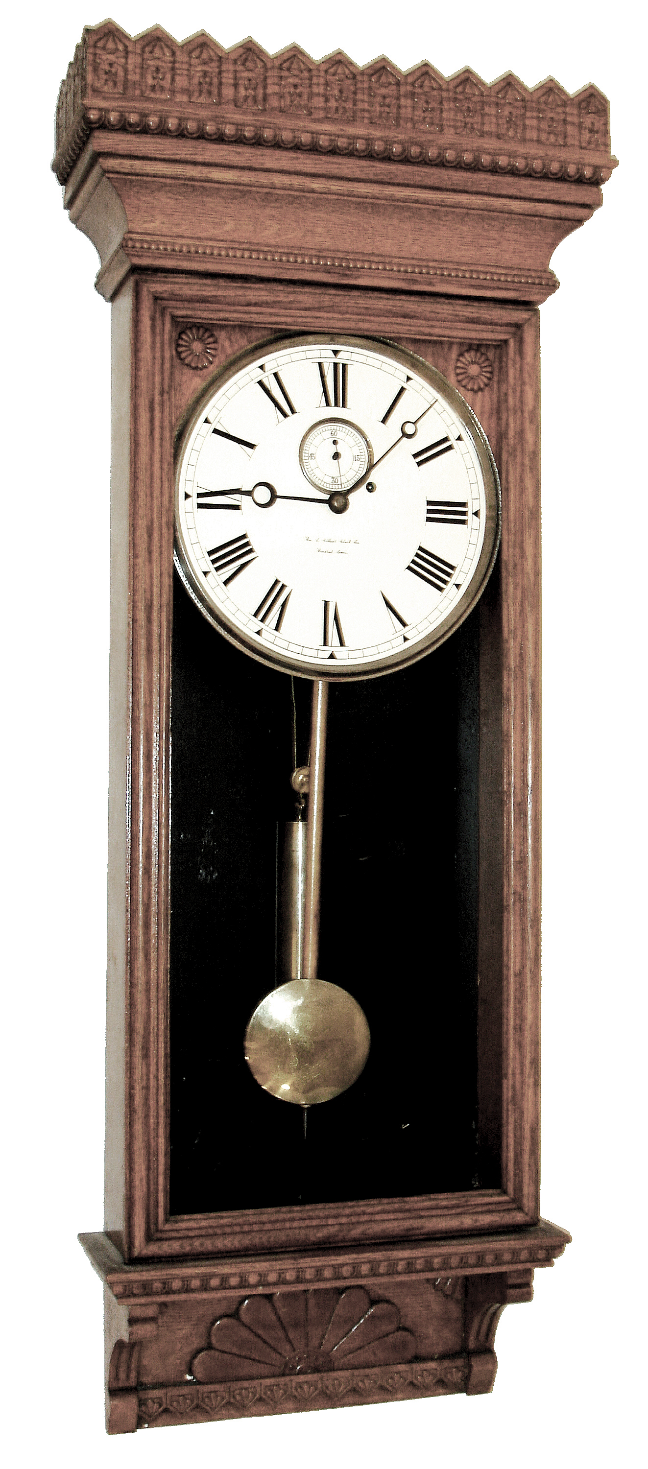 Wm. L. Gilbert Clock Co., Winsted, Conn., ÓRegulator No. 14Ò wall clock, 8 days, time only, weight driven movement with deadbeat escapement and maintaining power in an pressed oak case with a painted metal dial, c1890 — Antique Clocks Price Guide