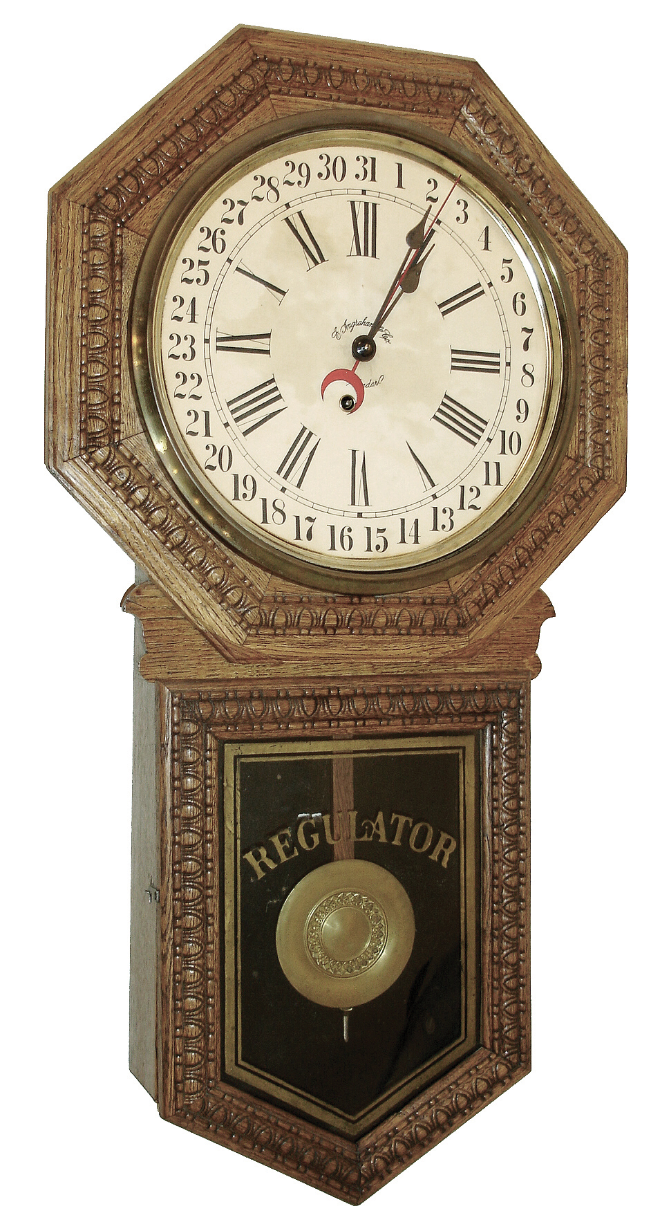 E. Ingraham &amp; Co., Bristol, Conn., ÓHartfordÒ model wall clock in an oak case with a spring driven, 8 days, time and calendar movement, c1907. — Antique Clocks Price Guide