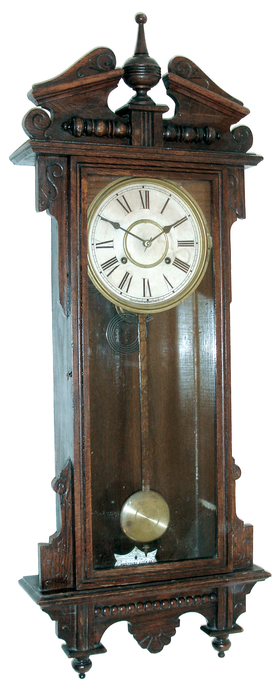 Waterbury Clock Co., Waterbury, Conn., ÒEtonÓ wall hanging clock with a spring driven, 8 days, time and strike, movement in an oak case, c1906. — Antique Clocks Price Guide