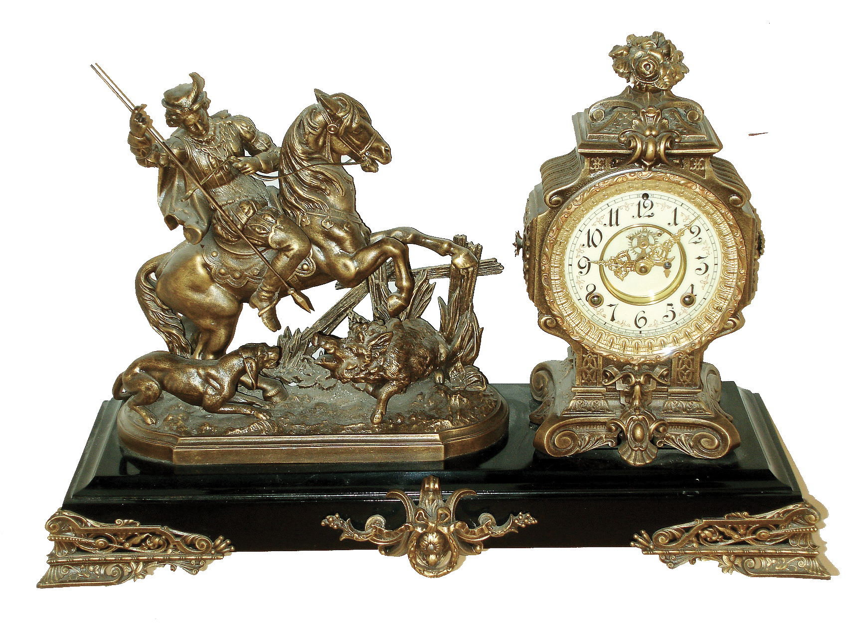 Ansonia Clock Co., New York, NY, ÒBoar HunterÓ figural shelf clock, 8 days, time and strike, spring driven movement in a cast spelter figures on an enameled cast iron base with attached feet, a cream enamel dial and open escapement, c1894 — Antique Clocks Price Guide