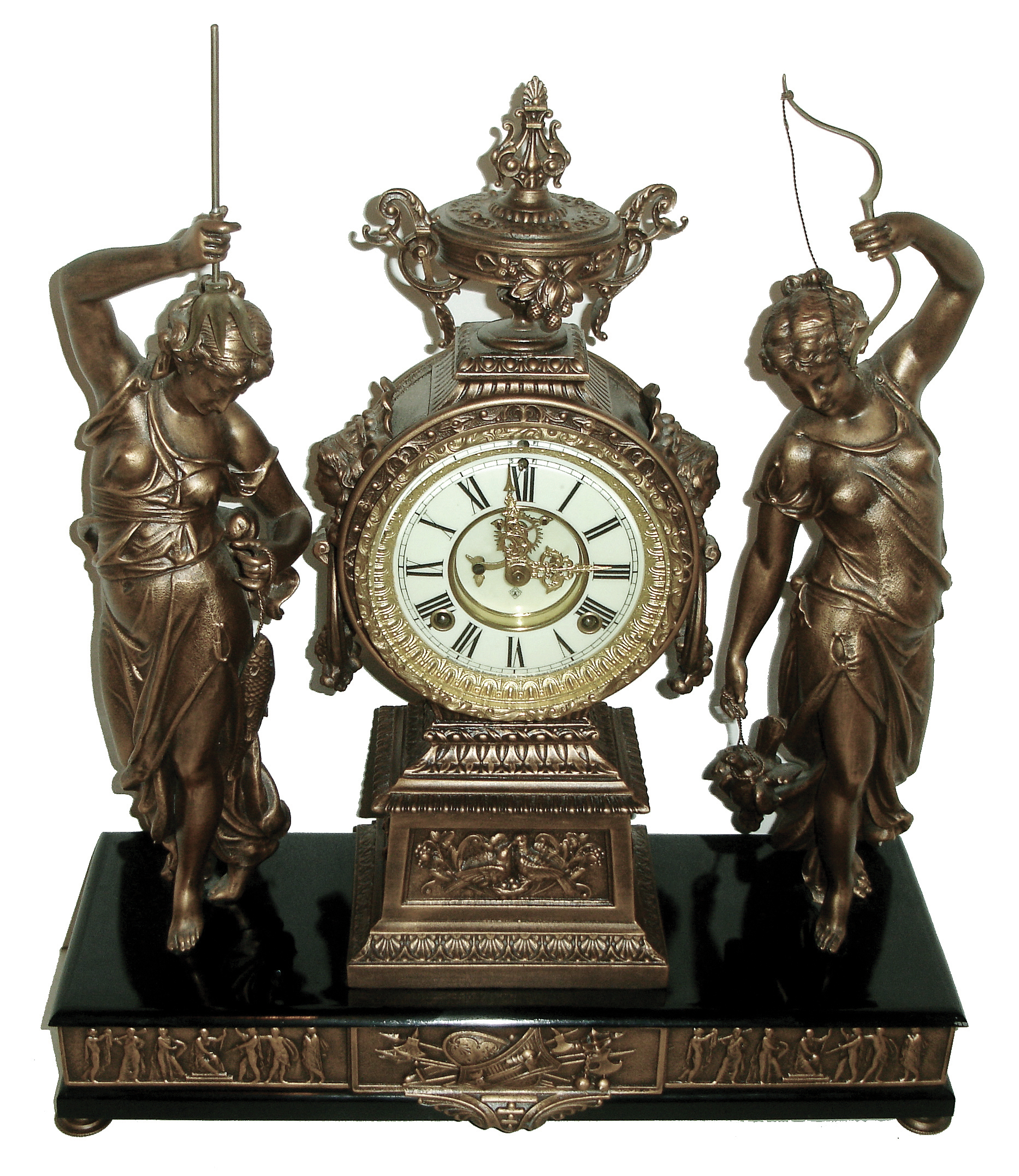 Ansonia Clock Co., New York, NY, ÒFisher and HunterÓ double statue figural shelf clock, 8 days, time and strike, spring driven movement with a Japanese Bronze finished spelter case on an enameled cast iron base with applied cast Japanese Bronze finished friezes, cream enamel dial with open escapement, c1894 — Antique Clocks Price Guide