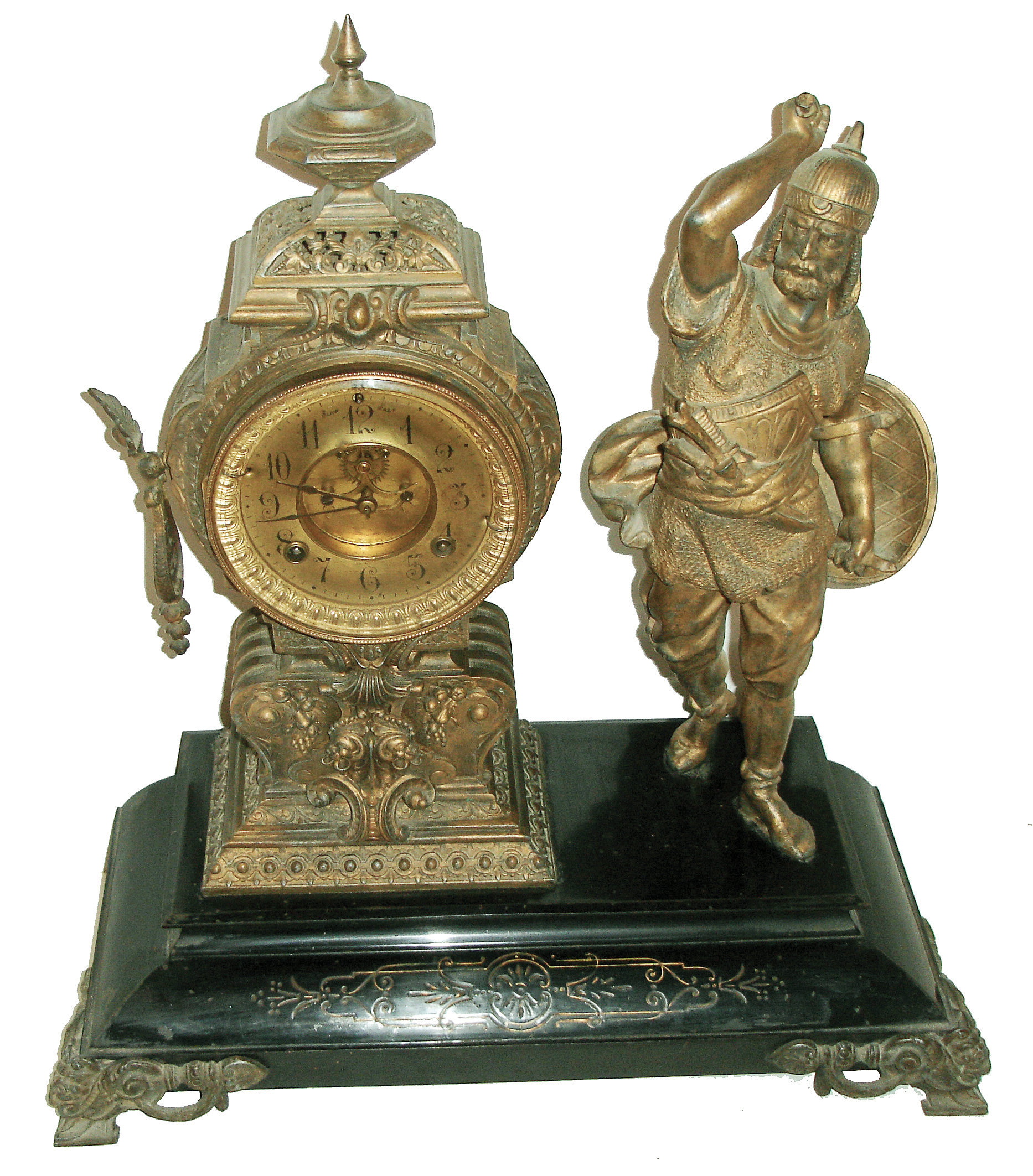 Ansonia Clock Co., New York, NY, ÓMarsÒ figural shelf clock, 8 days, time and strike, spring driven movement with decorated back plate. Japanese Bronze finished spelter case on enameled cast iron base with a painted brass dial and open escapement, c1890 — Antique Clocks Price Guide