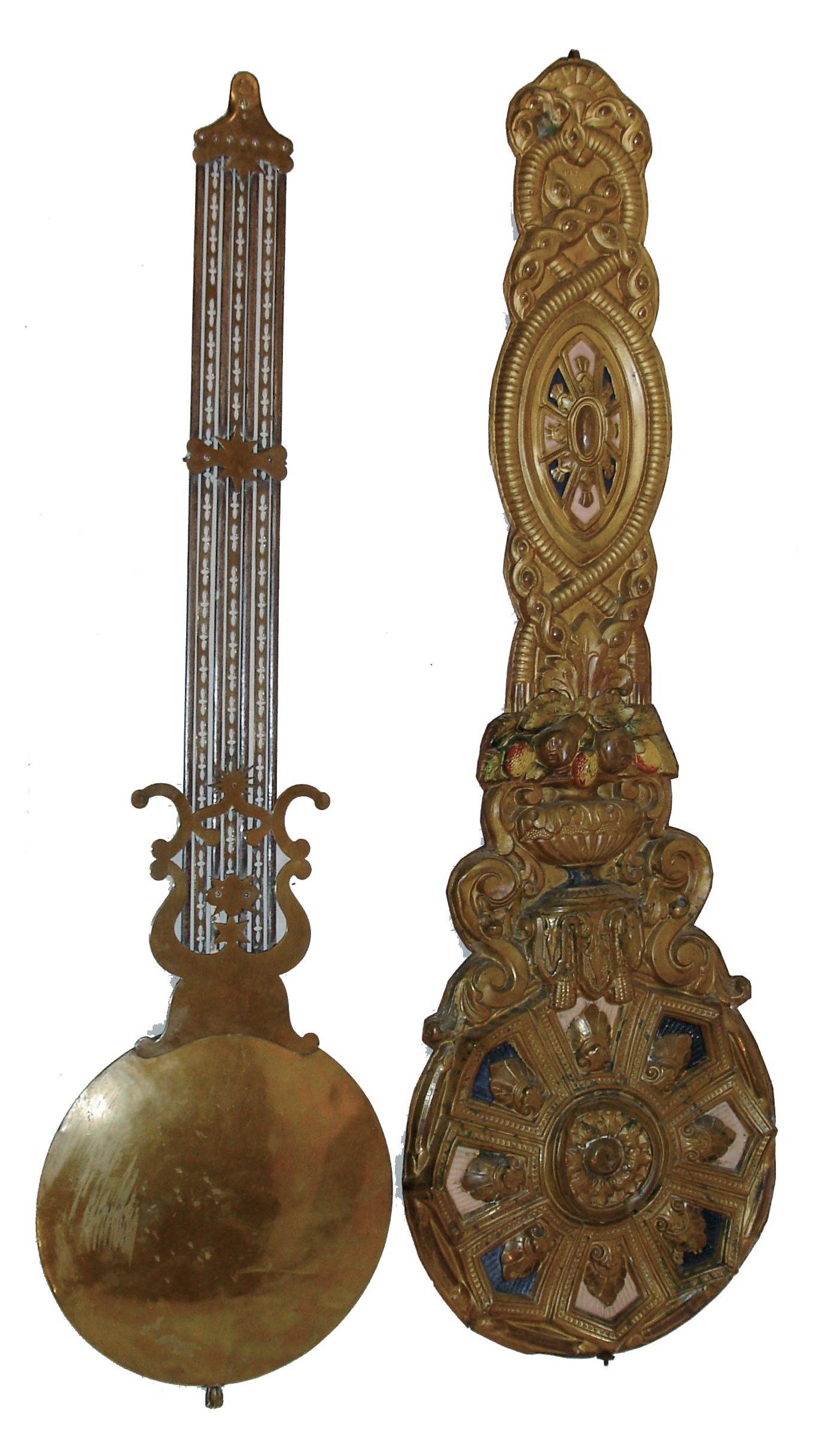 French Mobier, 8 days, weight-driven time and Òprayer repeatÓ strike wall clock with calendar. Porcelain dial signed Charles Andre. Anchor escapement, embossed brass pendulum, plus two extra morbier pendulums, c1880 — Antique Clocks Price Guide