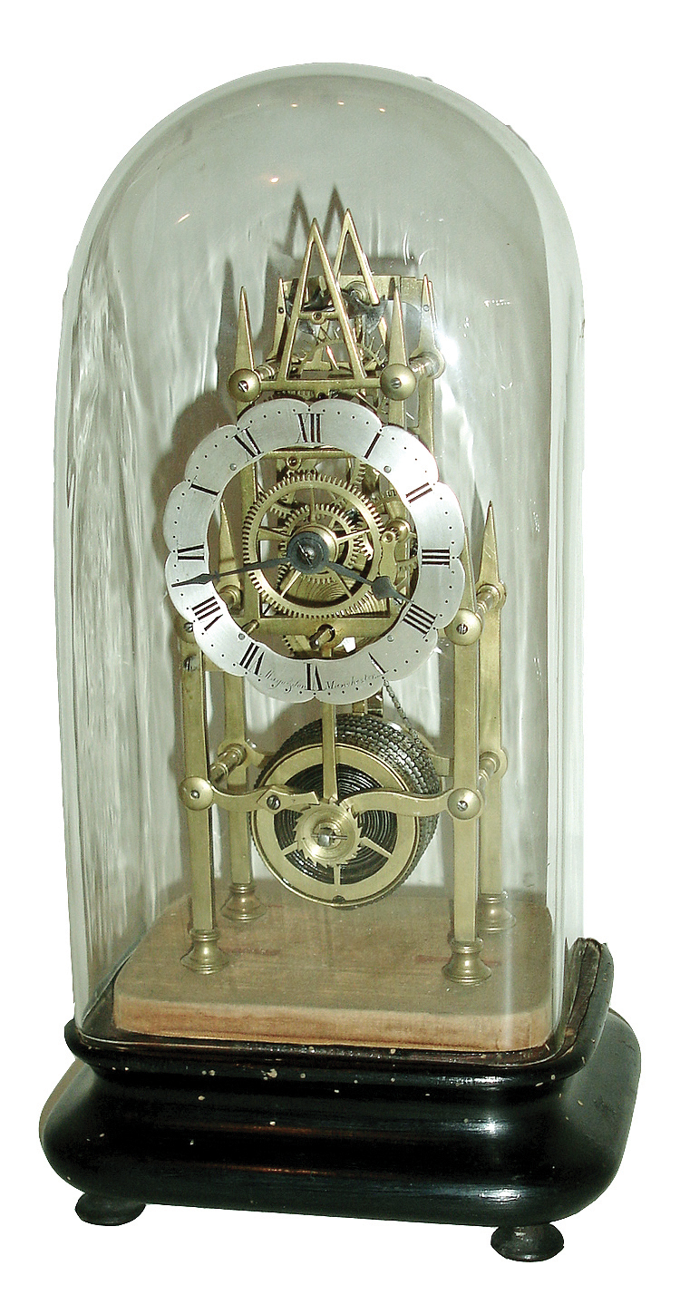 English, Mayo &amp; Son, Manchester, small Gothic frame ÓSkeletonÒ single fusee timepiece, w/ scalloped engraved and silvered dial, with dome, c1850 — Antique Clocks Price Guide