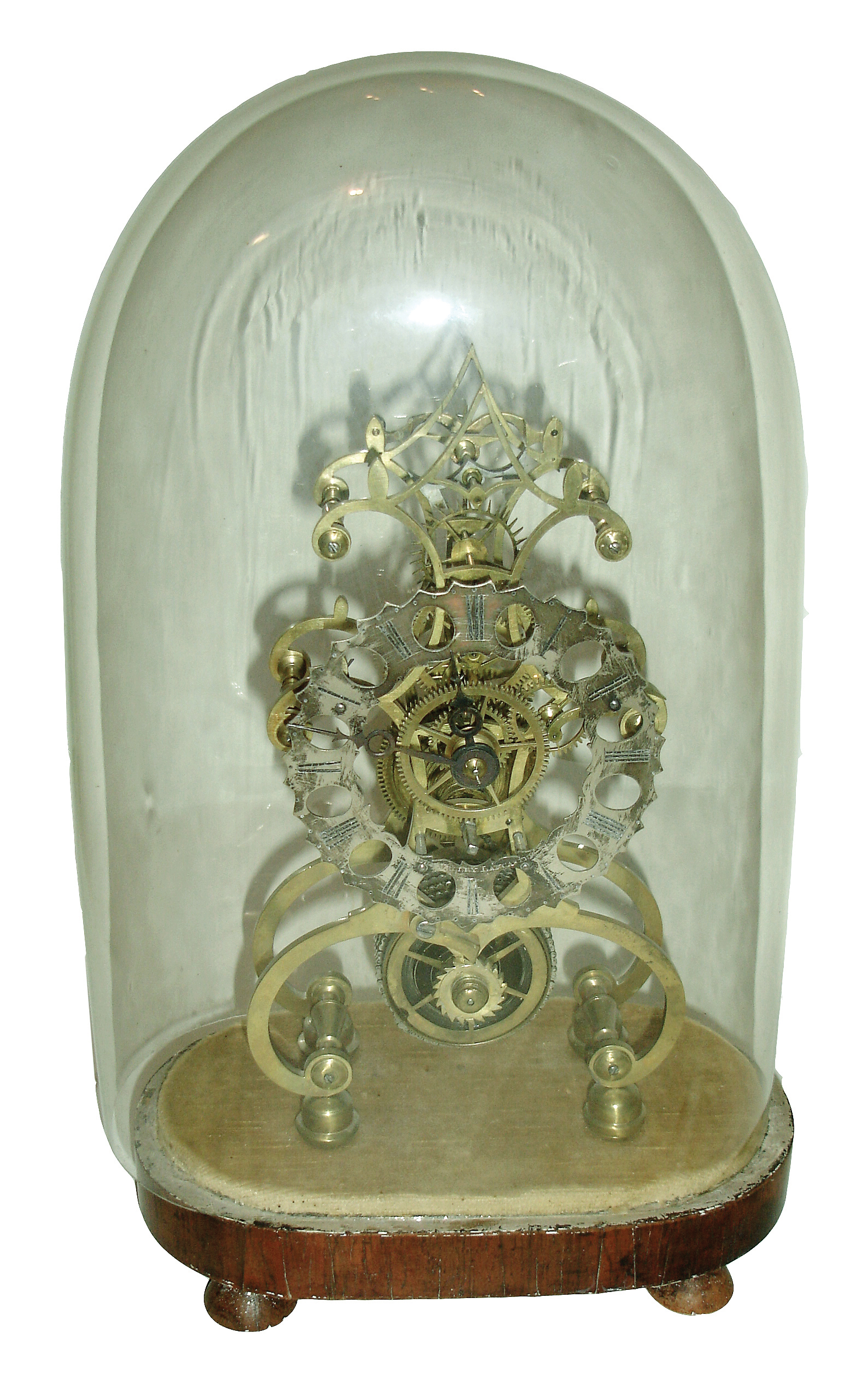 English, John Malley, Lancaster [engraved on dial], scroll frame single fusee ÓskeletonÒ timepiece, with 5 spoke wheels and scalloped and pierced dial, c1860 — Antique Clocks Price Guide