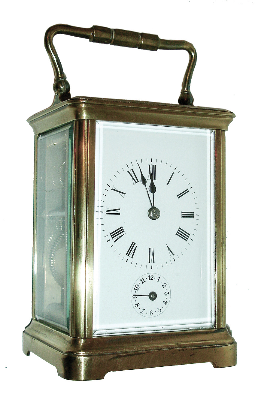 France, Brass cased carriage clock, Corniche style, with time, strike, repeat and alarm, c1900 — Antique Clocks Price Guide