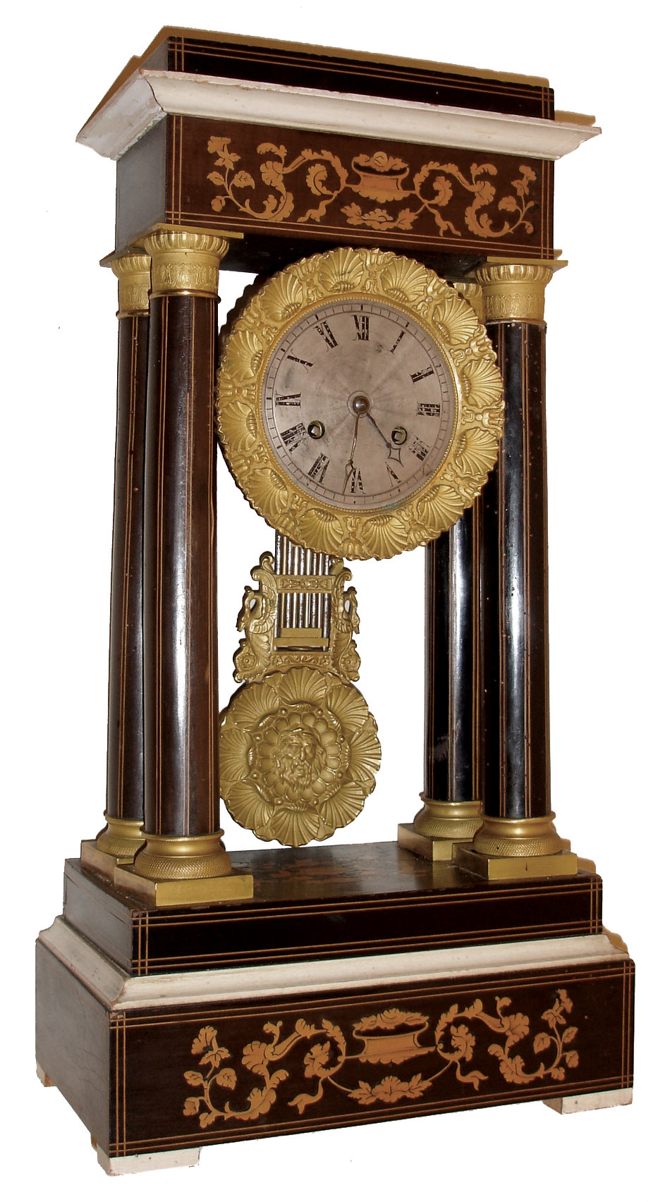 French, Pons, 8 days, time and strike, spring brass movement 4-column Empire portico mantel clock, c1900 — Antique Clocks Price Guide