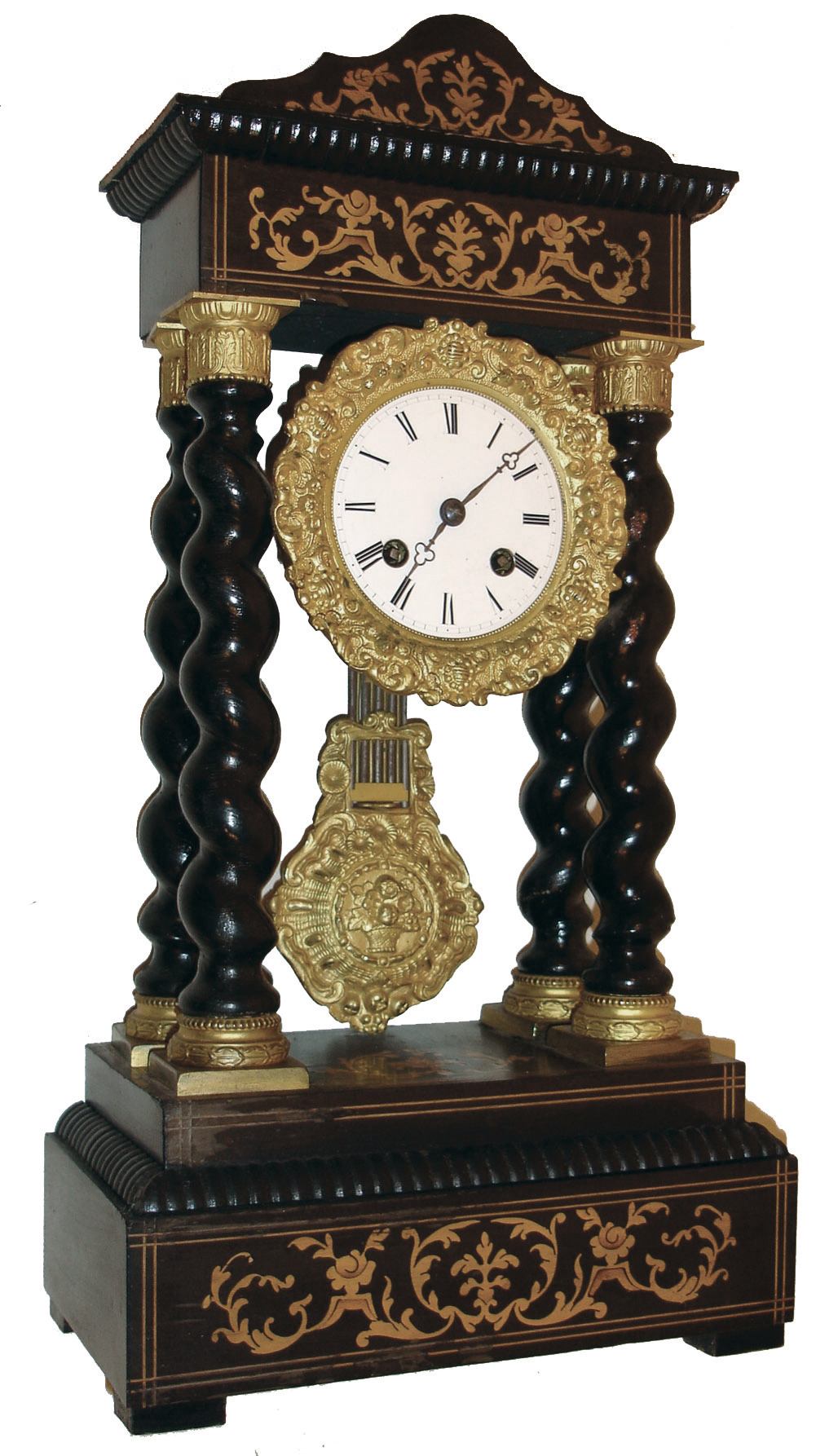 French, Japy Freres, 8 days, time and strike, spring brass movement 4-column Empire portico mantel clock, c1900 — Antique Clocks Price Guide