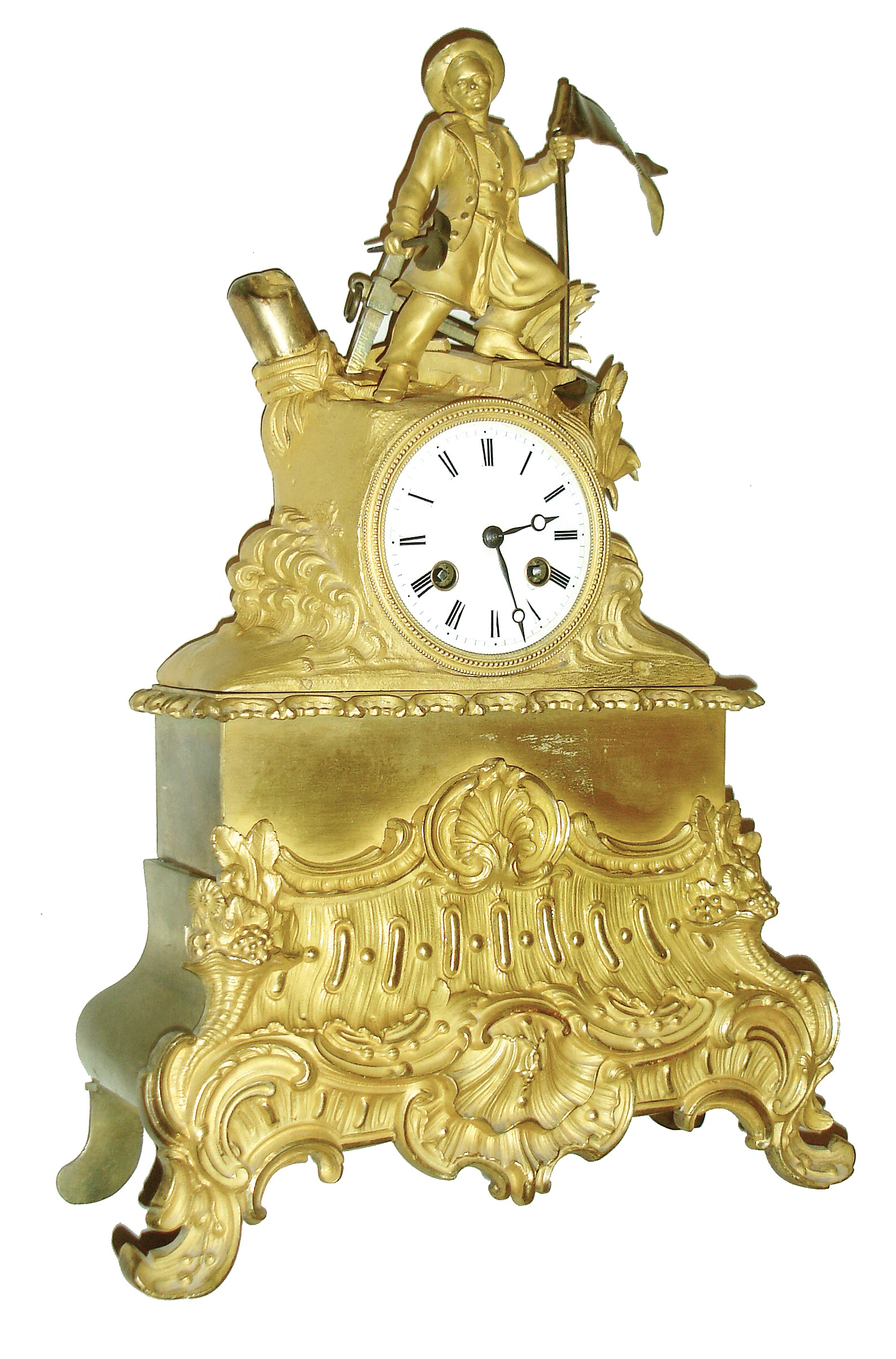 France, dore bronze figural clock, NAVY, showing a seaman going ashore with flag and axe, a giant bronze anchor at his feet, the clocked itself flanked by large striated waves of ocean, c1840 — Antique Clocks Price Guide