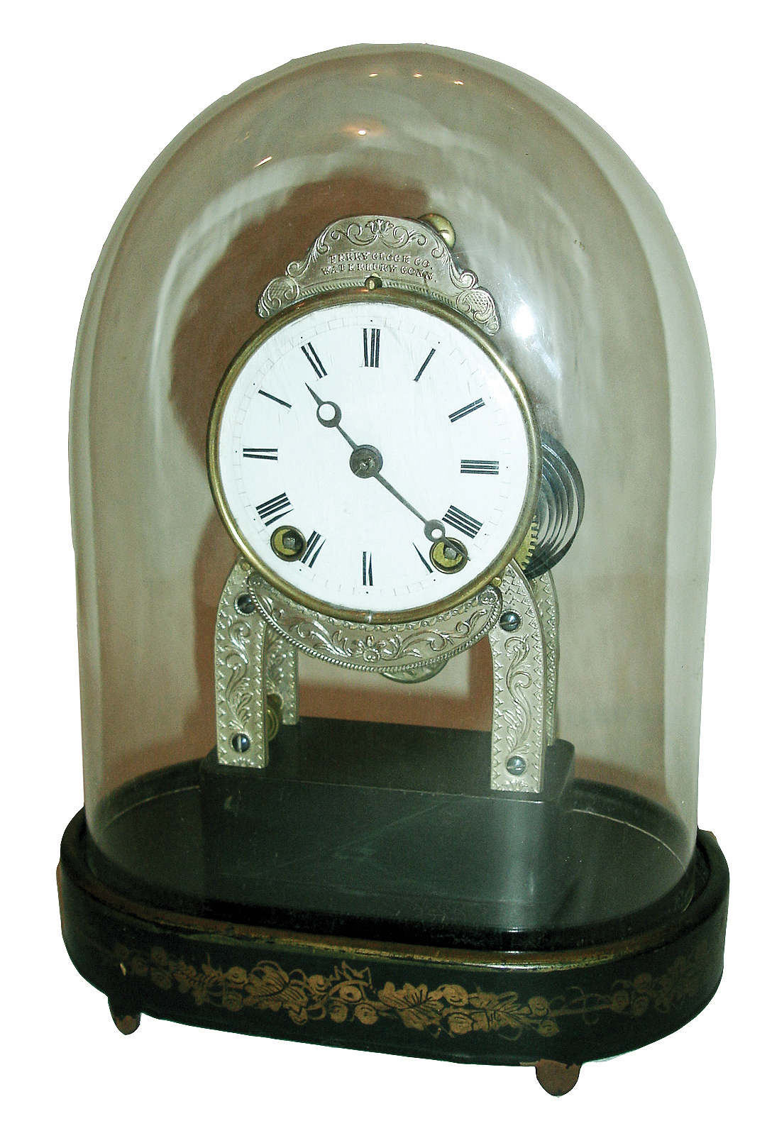 American, Terry Clock Co., Waterbury, Conn., small skeleton double spring timepiece, with embossed decorations to plates and to the trim over the dial, with good old dome, c1870 — Antique Clocks Price Guide