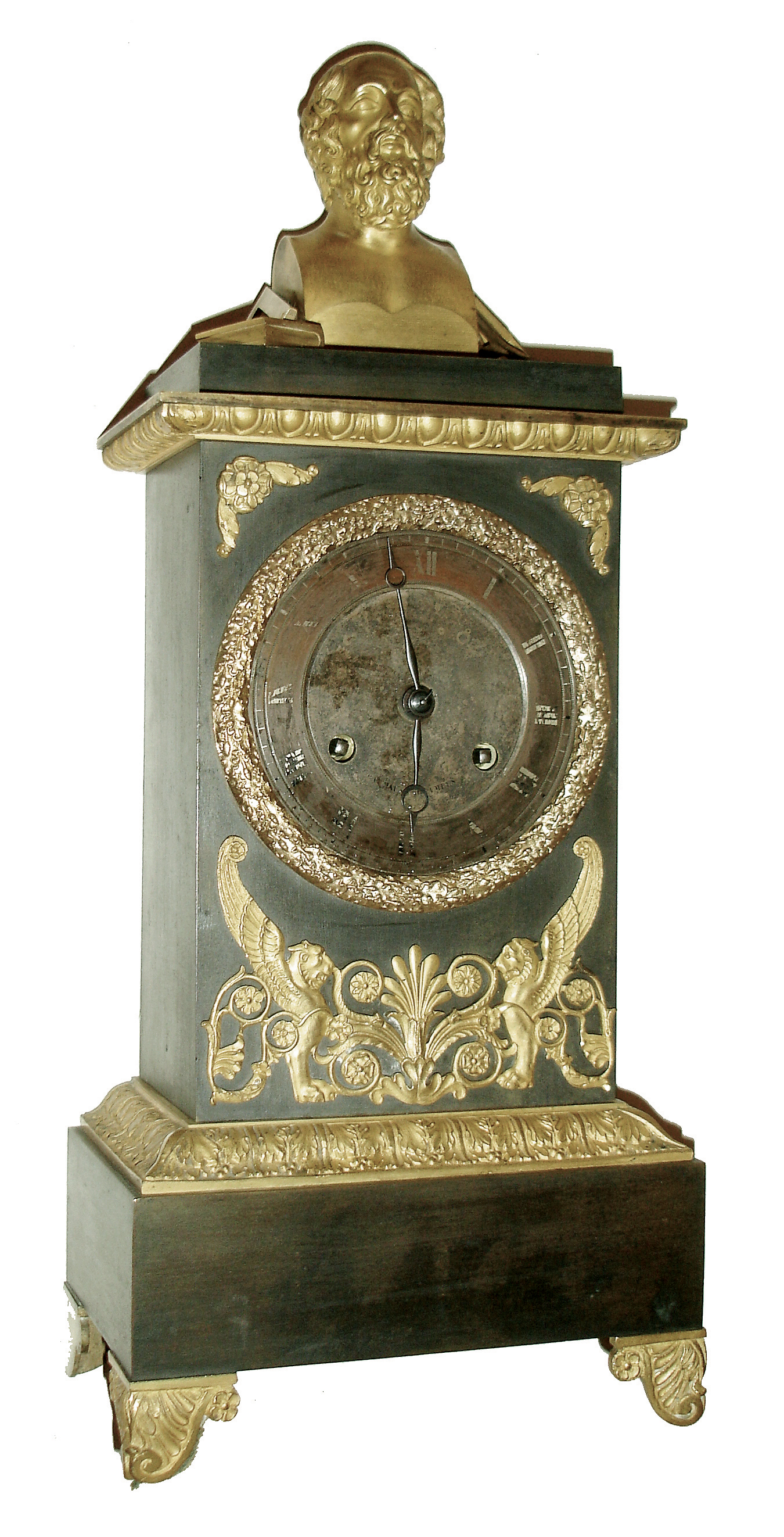France, unsigned movement and case, quality tribute to Euclid, Father of Geometry, whose gilt ormolu bust surmounts the architectural case, his tools and book to the sides of the bust. With a quality silk thread, bell strike movement with count wheel striking, c1835 — Antique Clocks Price Guide
