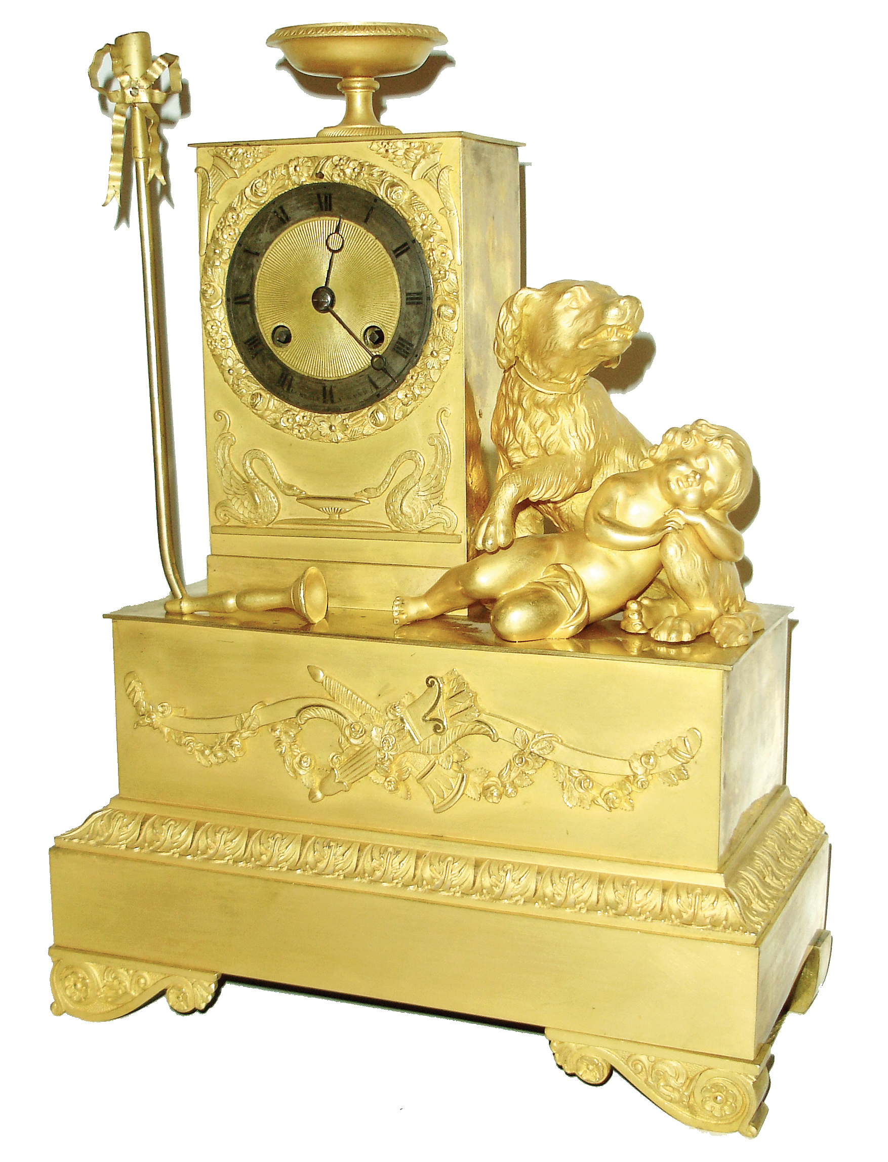 France, Ormolu figural clock showing a dog and child, after playing a form of bilboquette, the clock contained within tower to left, and with paddle and ball catcher showing left side, c1825 — Antique Clocks Price Guide