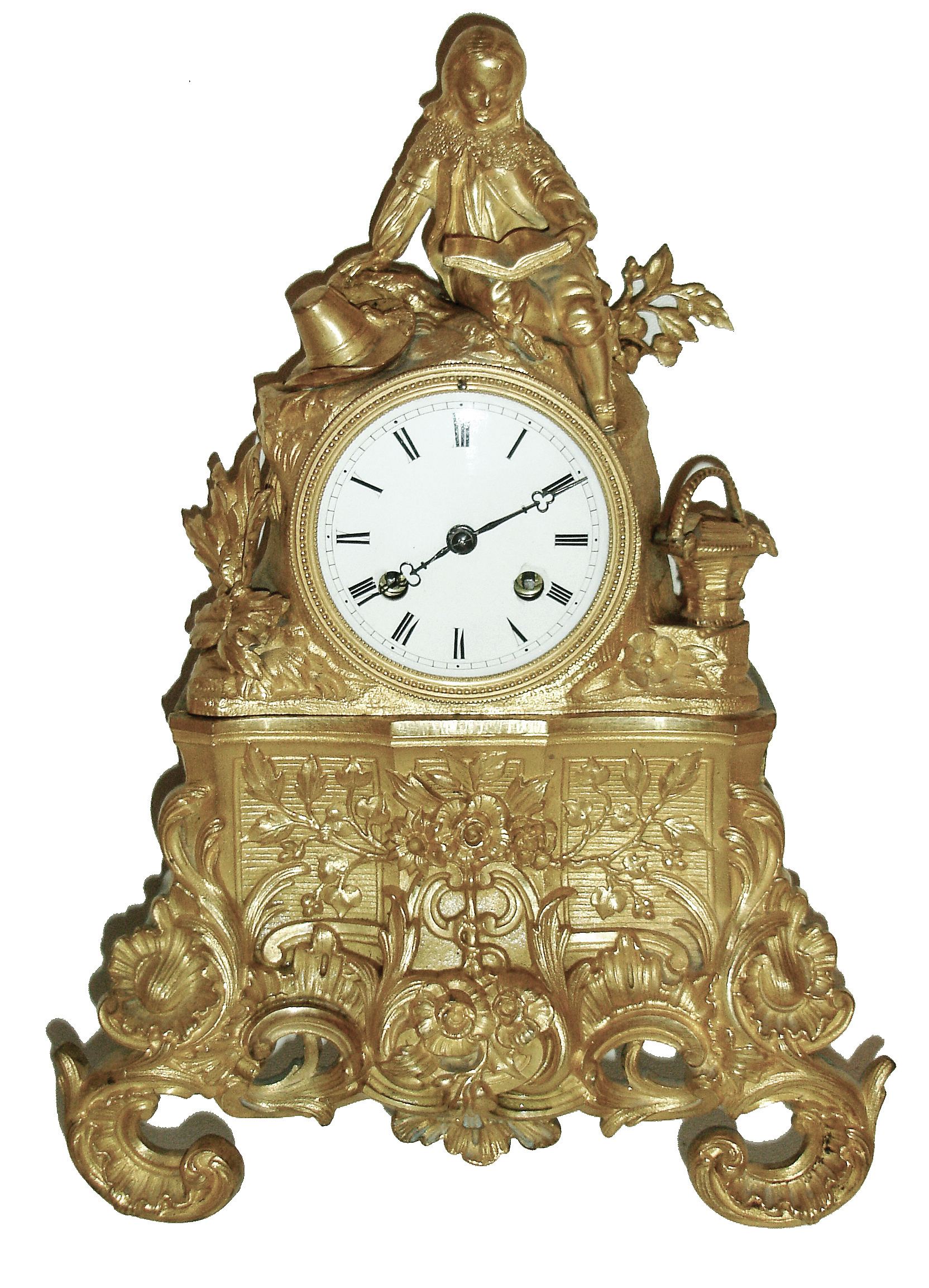 France, Japy Freres, ormolu figural clock depicting a young man with long hair and in period costume, his hat laying beside while he reads a book, flanked by a detailed basket of fruit with napkins, the upper portion supported by a base of floral sprays and rococo scrolls. The clock itself an early and quality Japy unit with silk thread suspension, and retaining original tre-foil hands, showing the time on a perfect porcelain dial, c1840 — Antique Clocks Price Guide