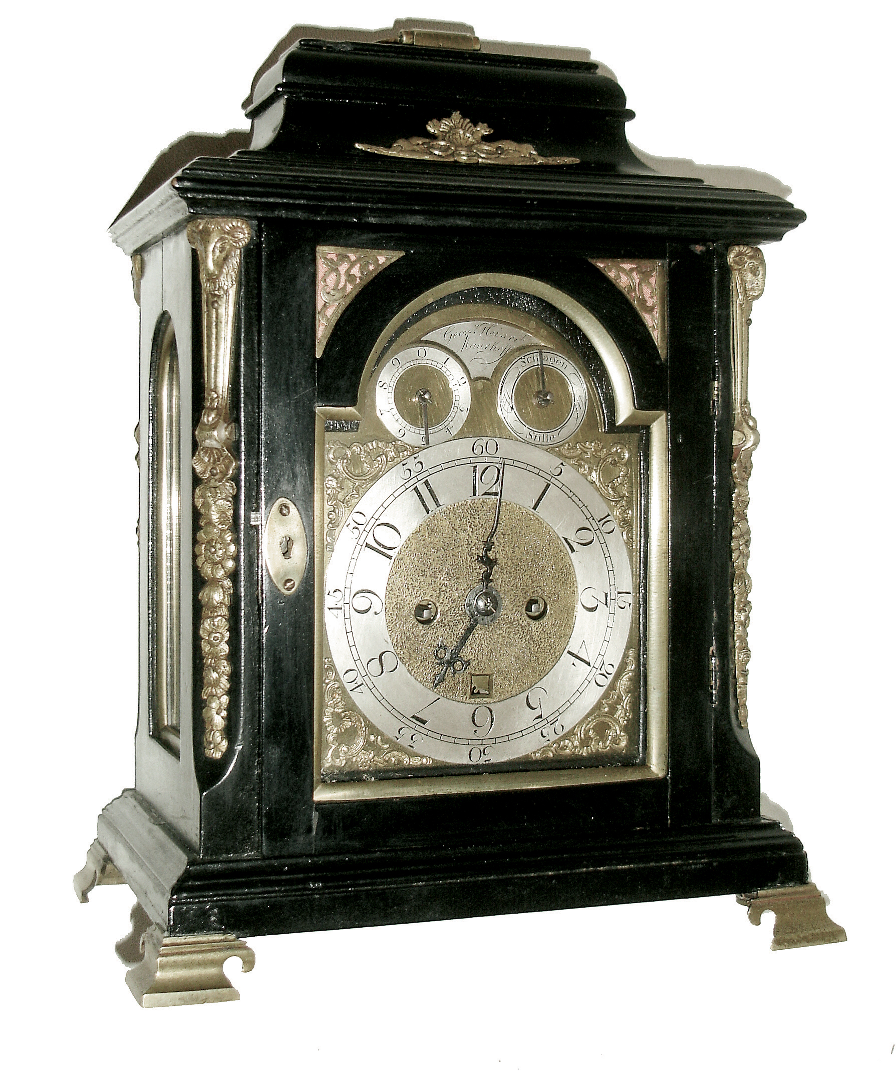 German, Georg HeinriÕh, Naurhoff, early &amp; small 8 days, time, bell strike and calendar, twin fusee, crown verge, arched dial bracket clock with subsidiary dial for Schlagen / Stille (strike/silent) and a second for fine time regulation (rise &amp; fall) of silk thread suspended pendulum. The case of hardwood veneers, painted black, c1795 — Antique Clocks Price Guide