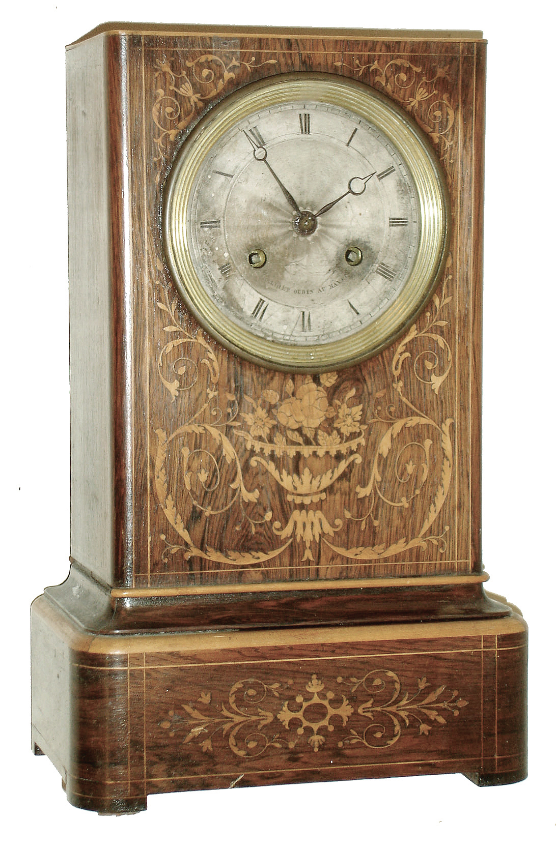 French ÓOudin au HavreÒ inlaid rosewood, 8 days, time and strike, silk thread suspension mantel clock, c1850 — Antique Clocks Price Guide