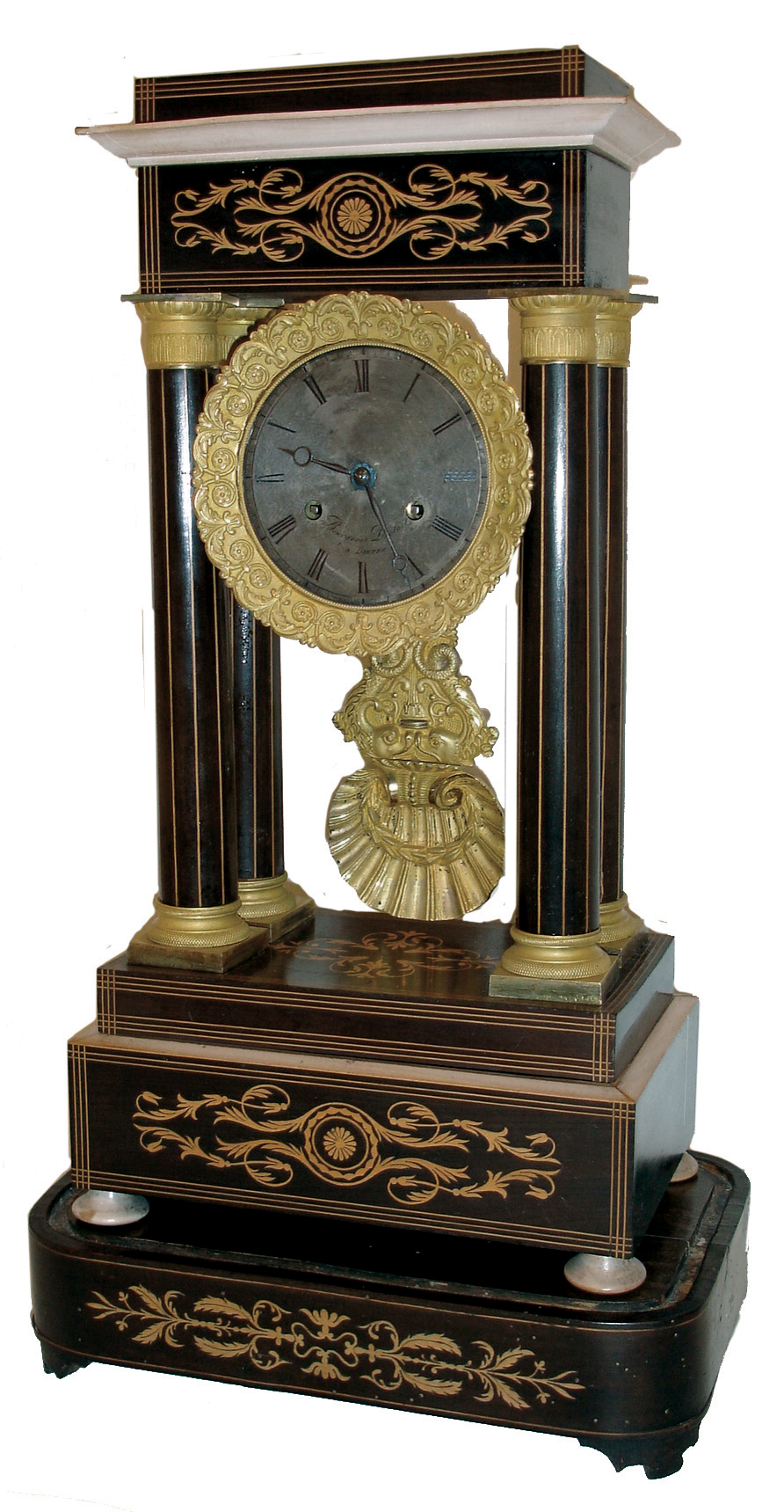 French, Barbot, Paris, 8 days, time and strike, spring brass movement 4-column Empire portico mantel clock, c1895 — Antique Clocks Price Guide