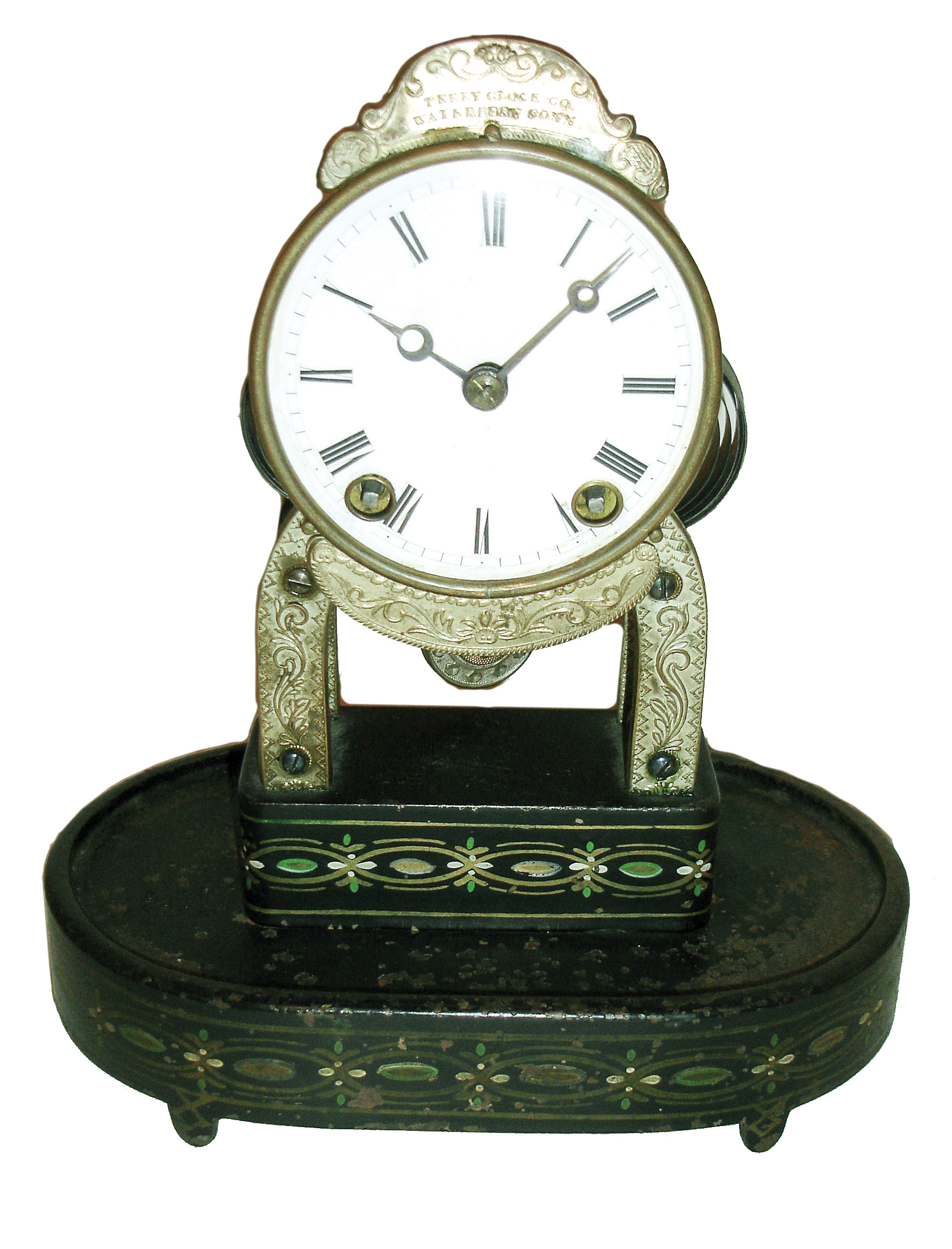 Terry Clock Co., Waterbury, Conn., small skeleton double spring timepiece, with embossed decorations to plates and to the trim over the dial, less dome, c1870 — Antique Clocks Price Guide