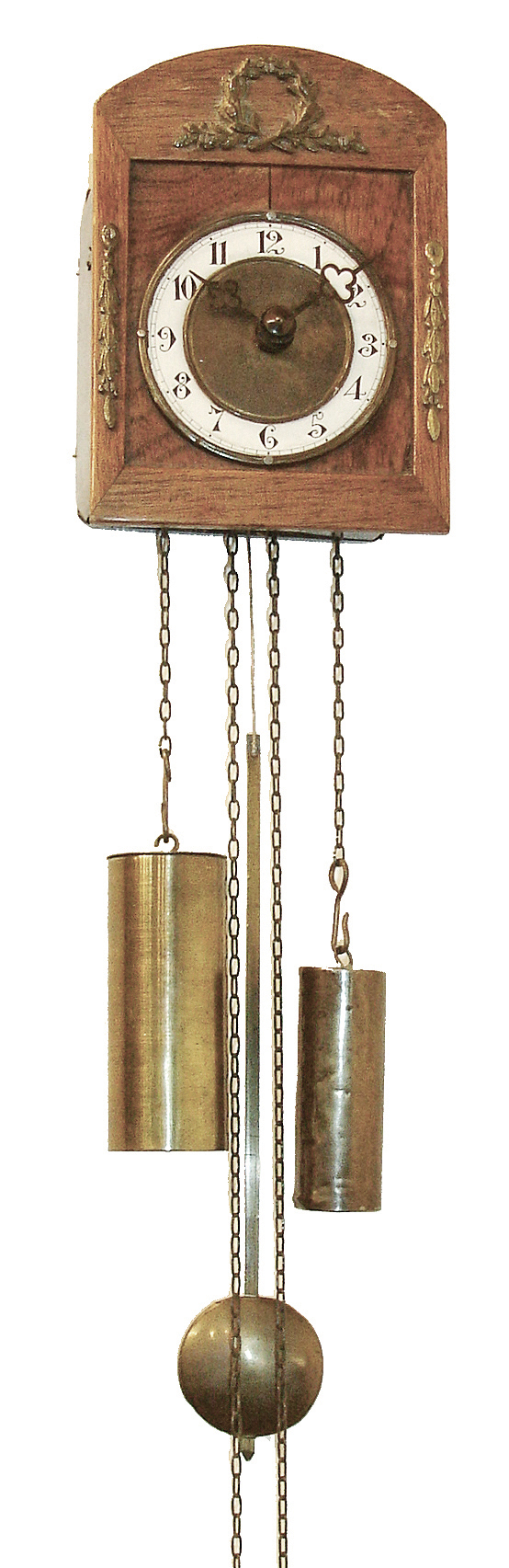 Clocks- 3 (Three) European: (1) Germany, small 30-hour, 2-weight wood plate wag on the wall, spiral wire gong strike, c1930; (2) French, Vincenti &amp; Cie, 8 days, time and strike, spring brass movement with silk thread suspension octagon form tin case wall clock, c1850; (3) French, 8 days, time and strike, spring brass movement marked ÒC &amp; CÓ, 4-column faux marble portico mantel clock, c1900 — Antique Clocks Price Guide