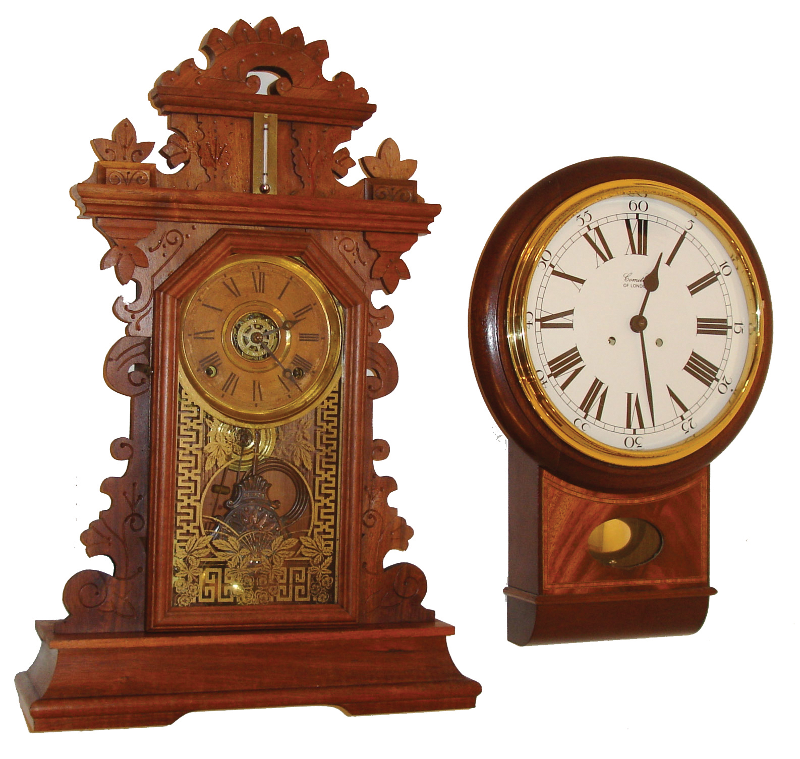 Clocks- 2 (Two) (1) Committi of London, 8 days, time and strike, spring brass movement wall clock, 20th century. (2) E. Ingraham &amp; Co., Bristol, Conn., ÒPansyÓ, 8 days, time and strike, spring brass movement walnut shelf clock, c1896 — Antique Clocks Price Guide