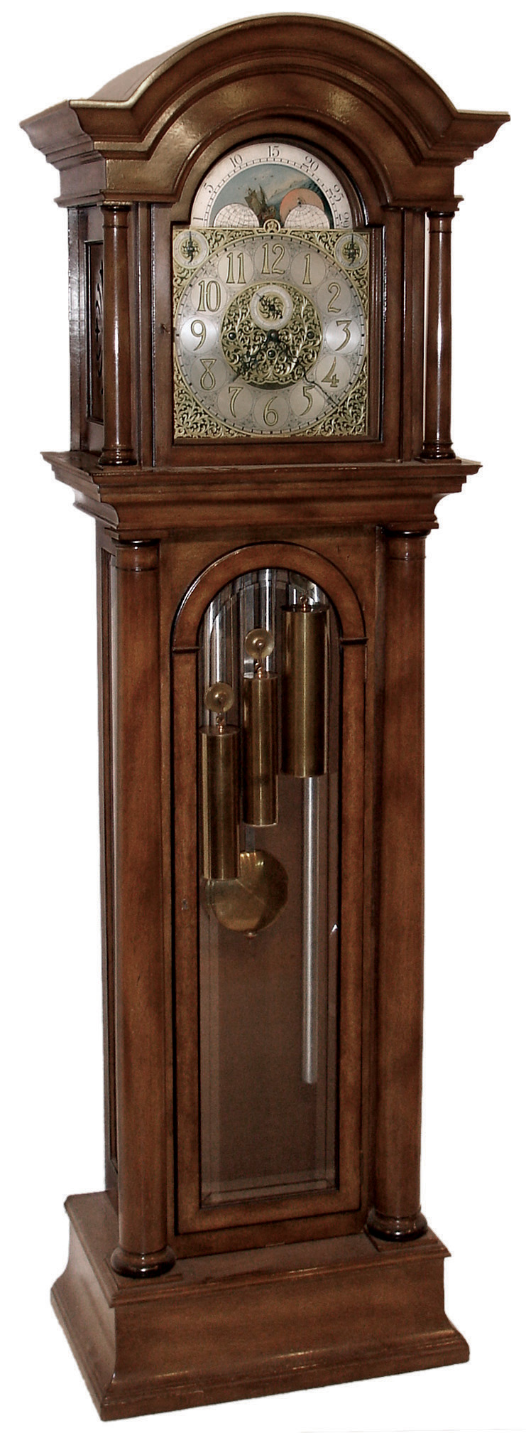 Elite, Germany, tall case clock, 8 days, time, strike and Westminster chime on nine tubes, three brass, weight driven movement in an antiqued birch case with full turned columns and beveled glasses. The brass dial with silvered chapter ring, moon phase, strike / silent and chime selectors, c1900 — Antique Clocks Price Guide