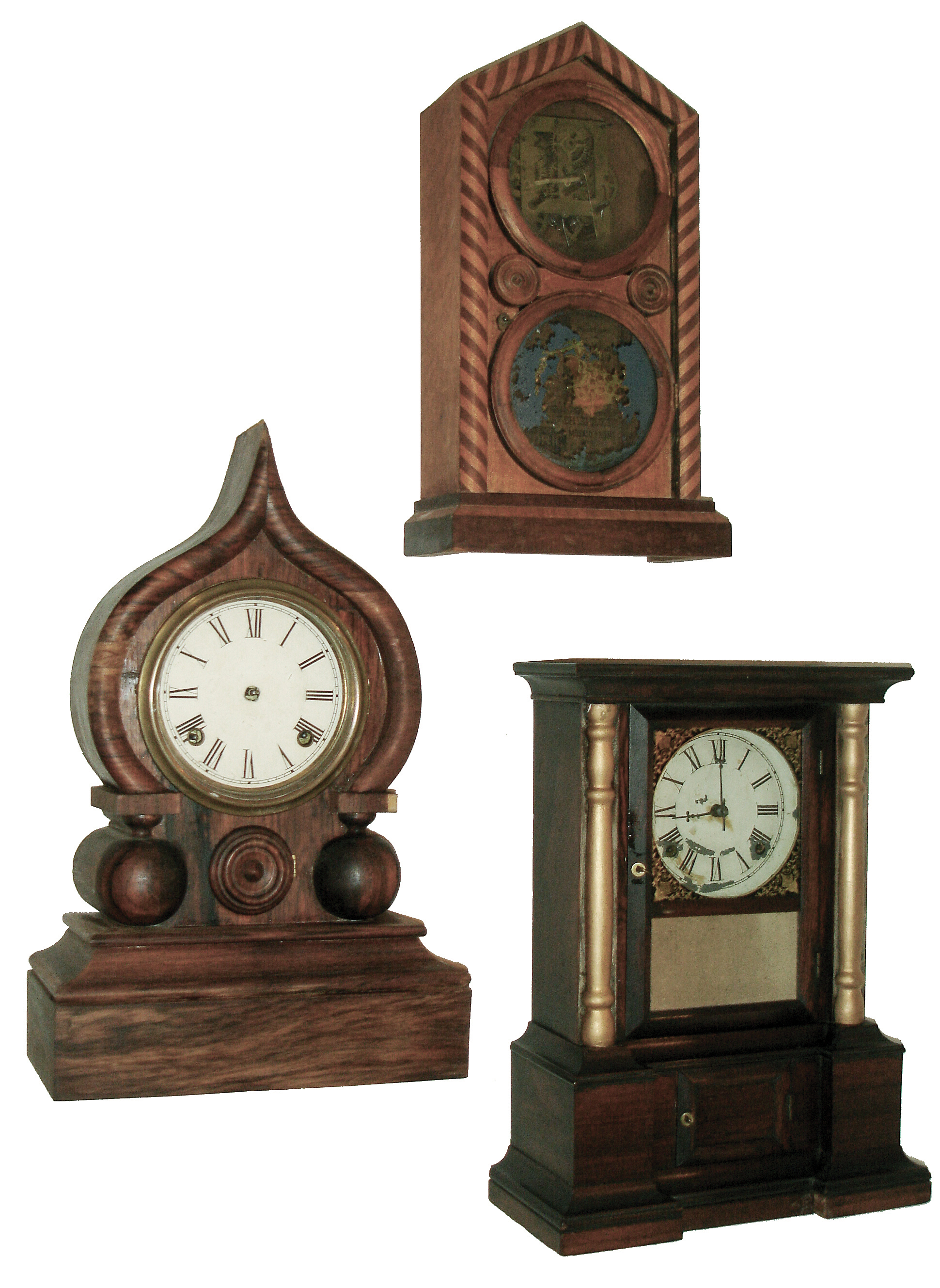 Clocks- 2 (Two): (1) E;. Ingraham &amp; Co., Bristol, Conn., ÒOrientalÓ, 8 days, time and strike, onion top shelf clock, c1880 (2) E. Ingraham &amp; Co., Bristol, Conn., ÒDoric MosaicÓ, 30 hours, time and strike, shelf clock, c1875. (3) Atkins Clock Co., Bristol, Conn., ÒLondon ModelÓ 8 days, time and strike, column &amp; cornice shelf clock, c1880 — Antique Clocks Price Guide