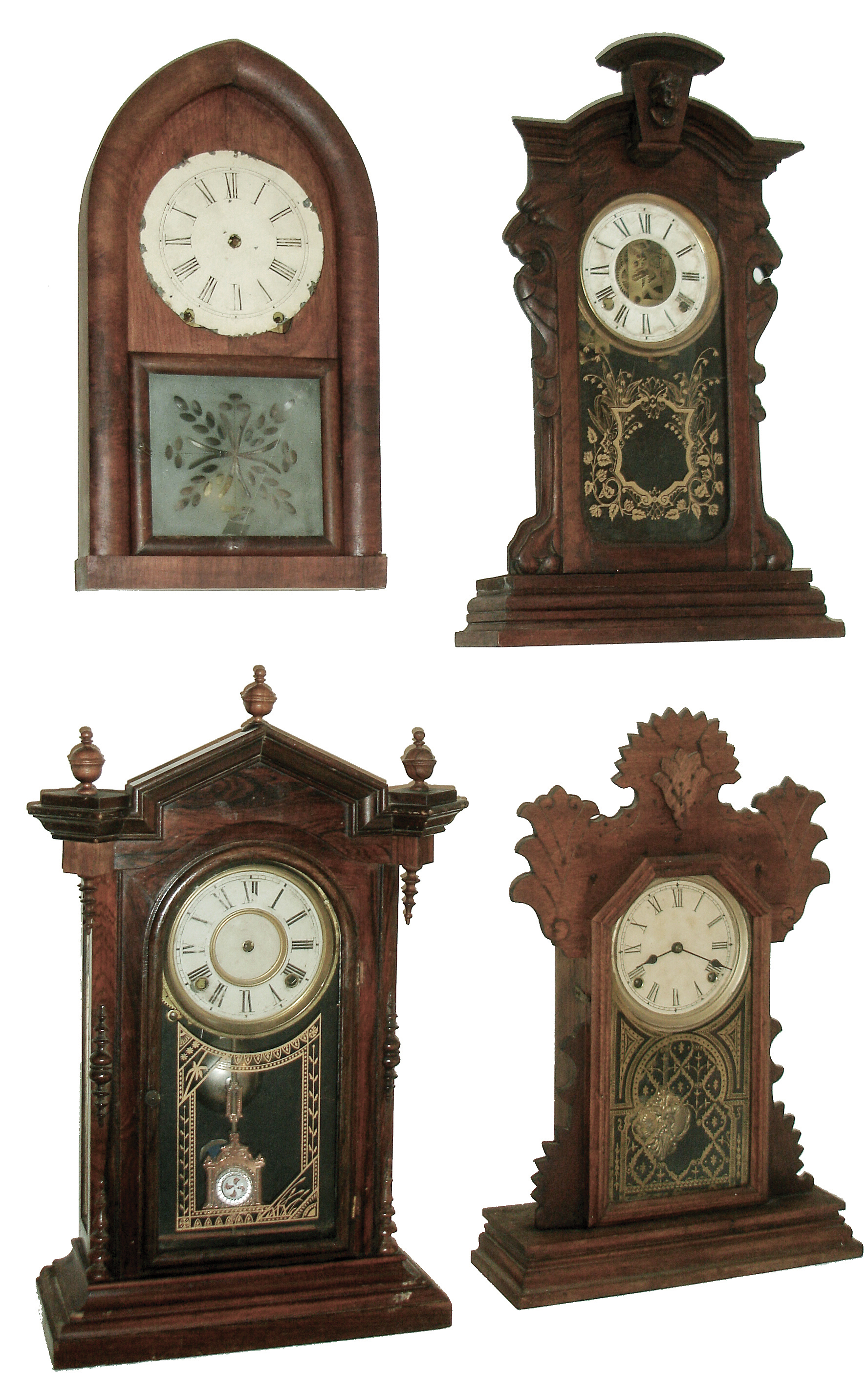 Clocks- 9 (Nine): (1) Welch, Spring &amp; Co., Bristol, Conn., ÒLucca, V.P.Ó, 8 days, time and strike, rosewood veneered shelf clock case, c1880 (2) Waterbury Clock Co., Waterbury, Conn., 8 days, time and strike, carved walnut shelf clock, c1875 (3) E. Ingraham Co., Bristol, Conn., 8 days, time and strike, walnut shelf clock. (4) Chauncey Jerome, New Haven, Conn., 8 days, time and strike, round gothic or beehive shelf clock, c1850. (5) E. O. Goodwin, Bristol, Conn., 8 days, time and strike, small column &amp; cornice shelf clock, c1850. (6) Waterbury Clock Co. Waterbury, Conn., ÒCoronaÓ model 30 hours, time and strike, small size mantel clock, c1890. (7) Unknown, arch top clock case (only), c1880 (8) Terry &amp; Andrews, Bristol, Conn., 8 days, time and strike, sharp gothic or steeple clock, c1850. (9) E. Ingraham &amp; Co., Bristol, Conn., for 8 days, time. strike and alarm, walnut shelf clock probably made for C. F. Adams, Erie, PA, c1900. — Antique Clocks Price Guide