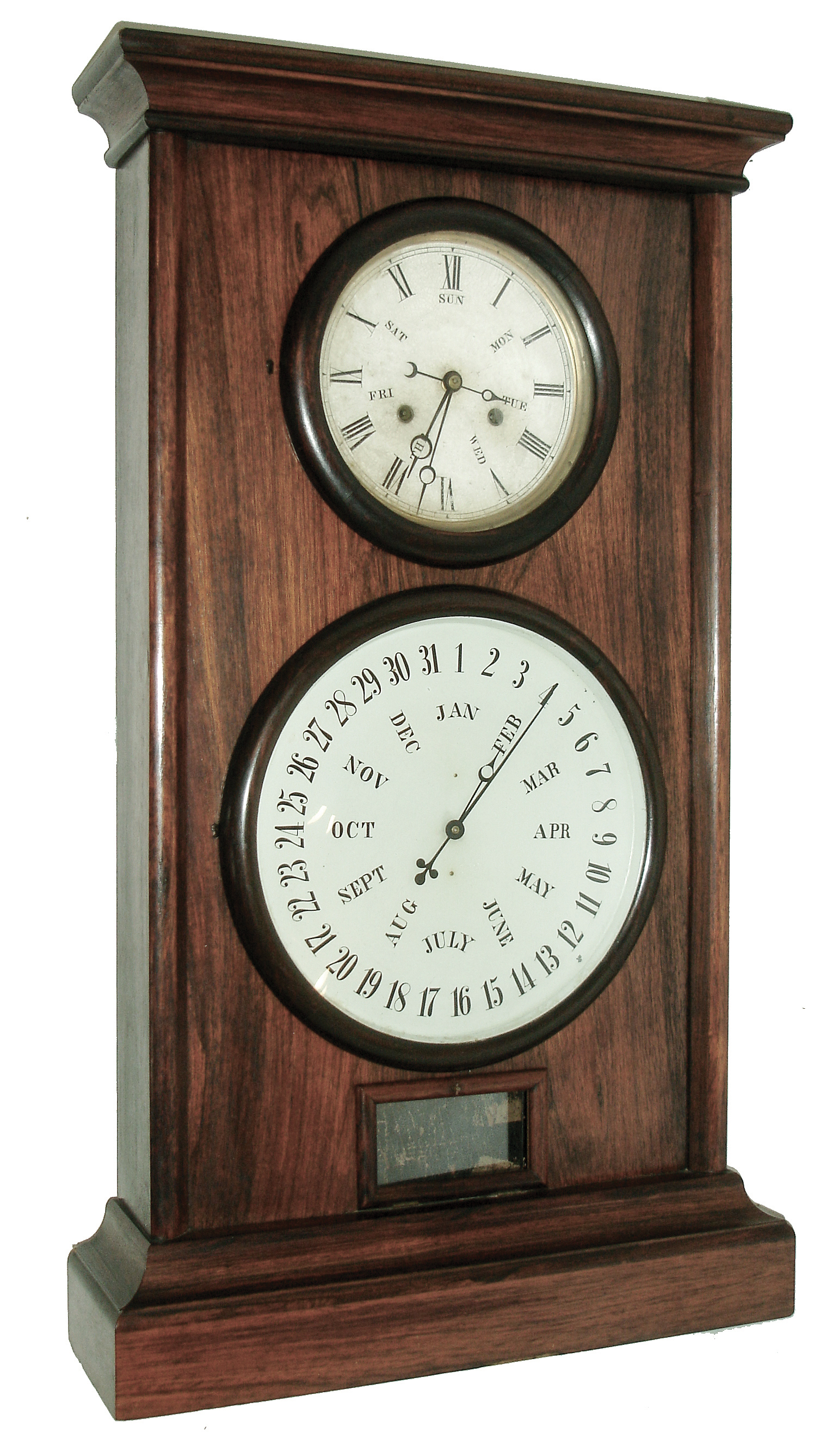 L. F. &amp; W. W. Carter, Bristol, Conn., ÓLewis Calendar No. 8Ò, 8 days, weight driven, timepiece with B. B. Lewis patent calendar movement in a rosewood case, The solid plate timepiece movement has steel rolling pinions and retaining power, c1865. — Antique Clocks Price Guide