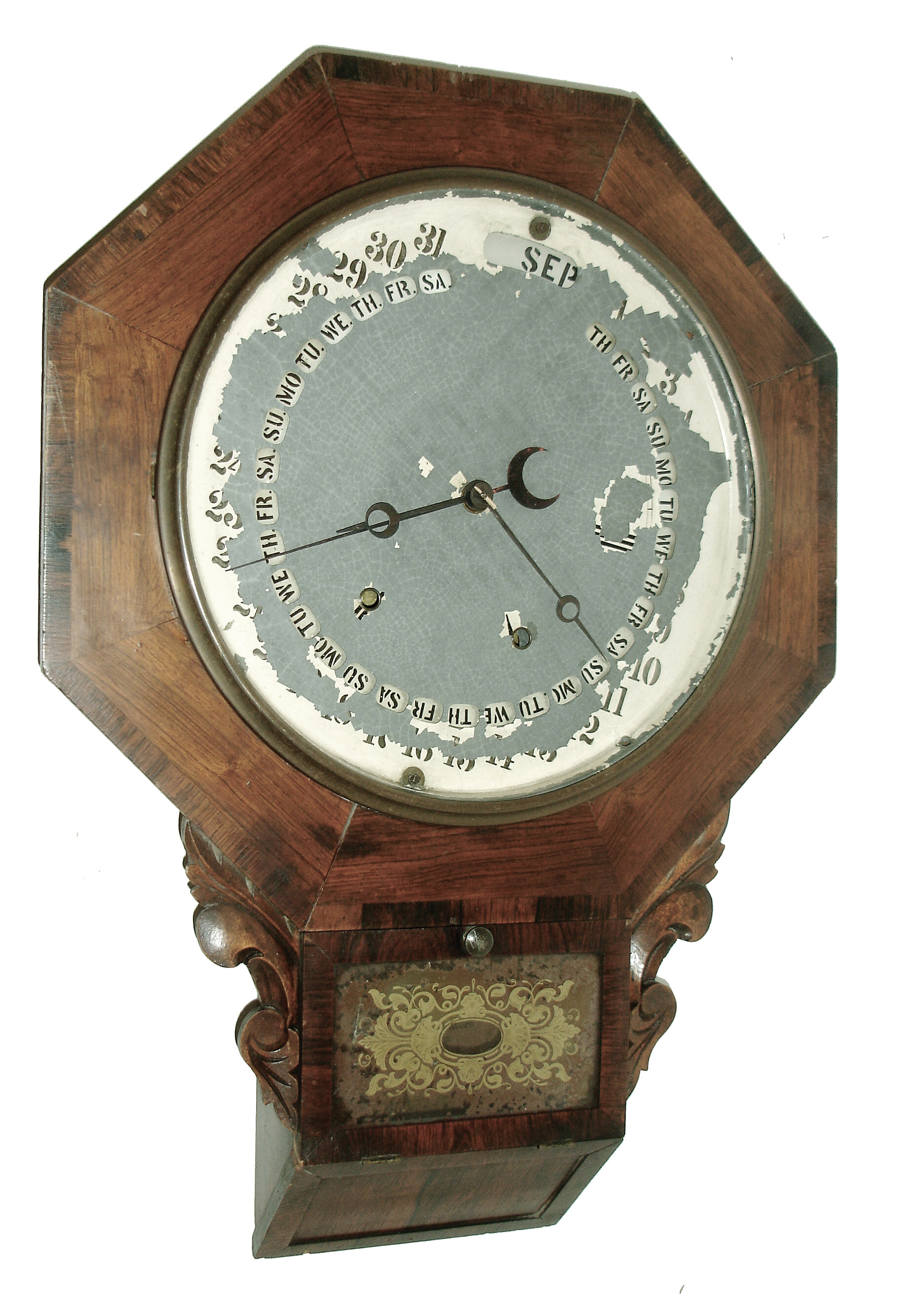 Clocks- 4 (Four) American wall clocks: (1) Gilbert Manufacturing Company, Winsted, Conn., ÒOctagon Drop CalendarÓ, 8 days, time and strike, ÒMaranvilleÕs PatentÓ calendar wall clock, c1866; (2) William L. Gilbert Clock Co., Winsted, Conn., ÒAdmiralÓ, 8 days, time and calendar brass movement in an oak case, c1890; (3) Seth Thomas Clock Co., Thomaston, Conn., Ò10 Inch Drop OctagonÓ wall clock with a spring driven, 8 days, time and strike, movement in a dark stained soft wood case, c1924; (4) Baird Clock Co., Plattsburgh, NY, 8 days, Advertising wall timepiece, c1895. This advertising timepiece is for ÒMelanyl Marking InkÓ. ÒNo Heat RequiredÓ, ÒWarrentedÓ. ÒIndelible &amp; HarmlessÓ — Antique Clocks Price Guide