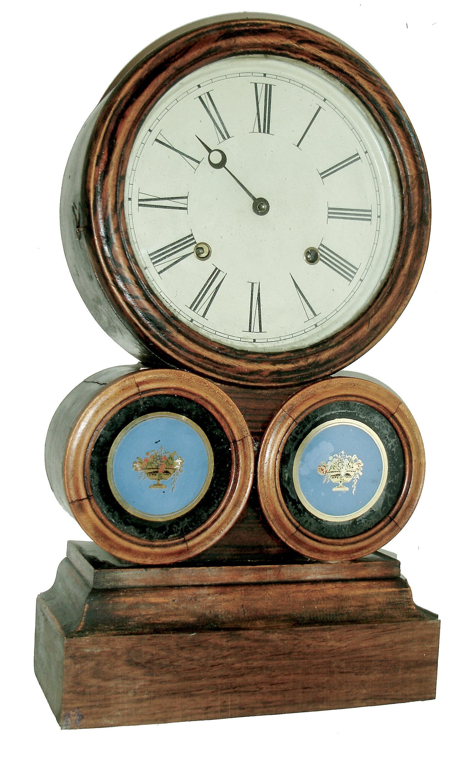 E. Ingraham &amp; Co. , Bristol, Conn., ÓTuscanÒ model, often called the Spectacle, 8 days, time and strike, spring brass movement shelf clock, c1862. — Antique Clocks Price Guide