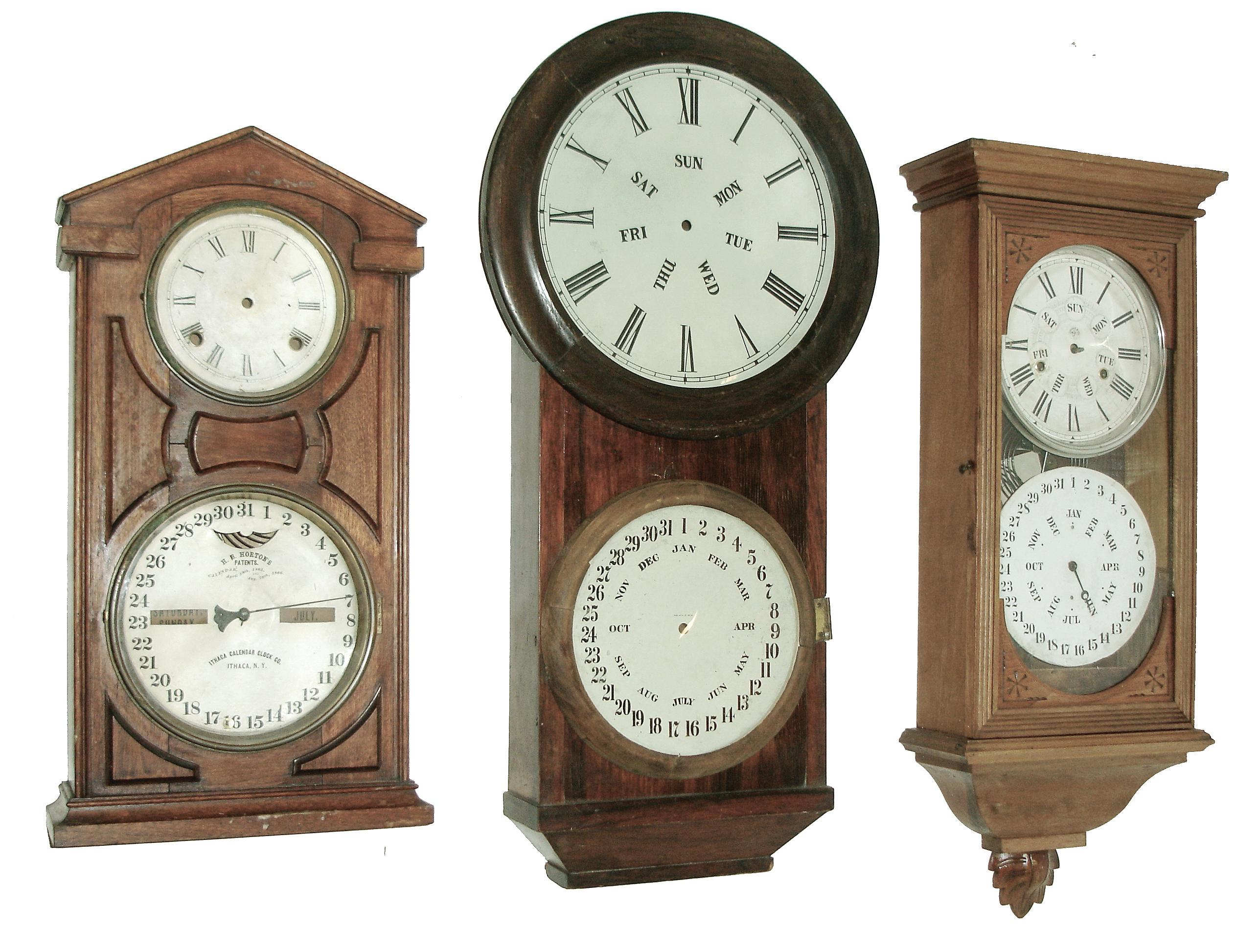 Clocks- 3 (Three): New Haven Clock Co., ÒJerome &amp; Co.Ó, New Haven, Conn., ÒRegisterÓ, 8 days, time and strike, double dial wall clock, c1880 (2) L.F. &amp; W.W. Carter, 8 days, time and strike, double dial calendar clock case (only), c165. (3) Ithaca Calendar Clock Co., Ithaca, NY, ÒNo. 7 Shelf CottageÓ, 8 days, time and strike, double dial calendar clock, c1880 — Antique Clocks Price Guide
