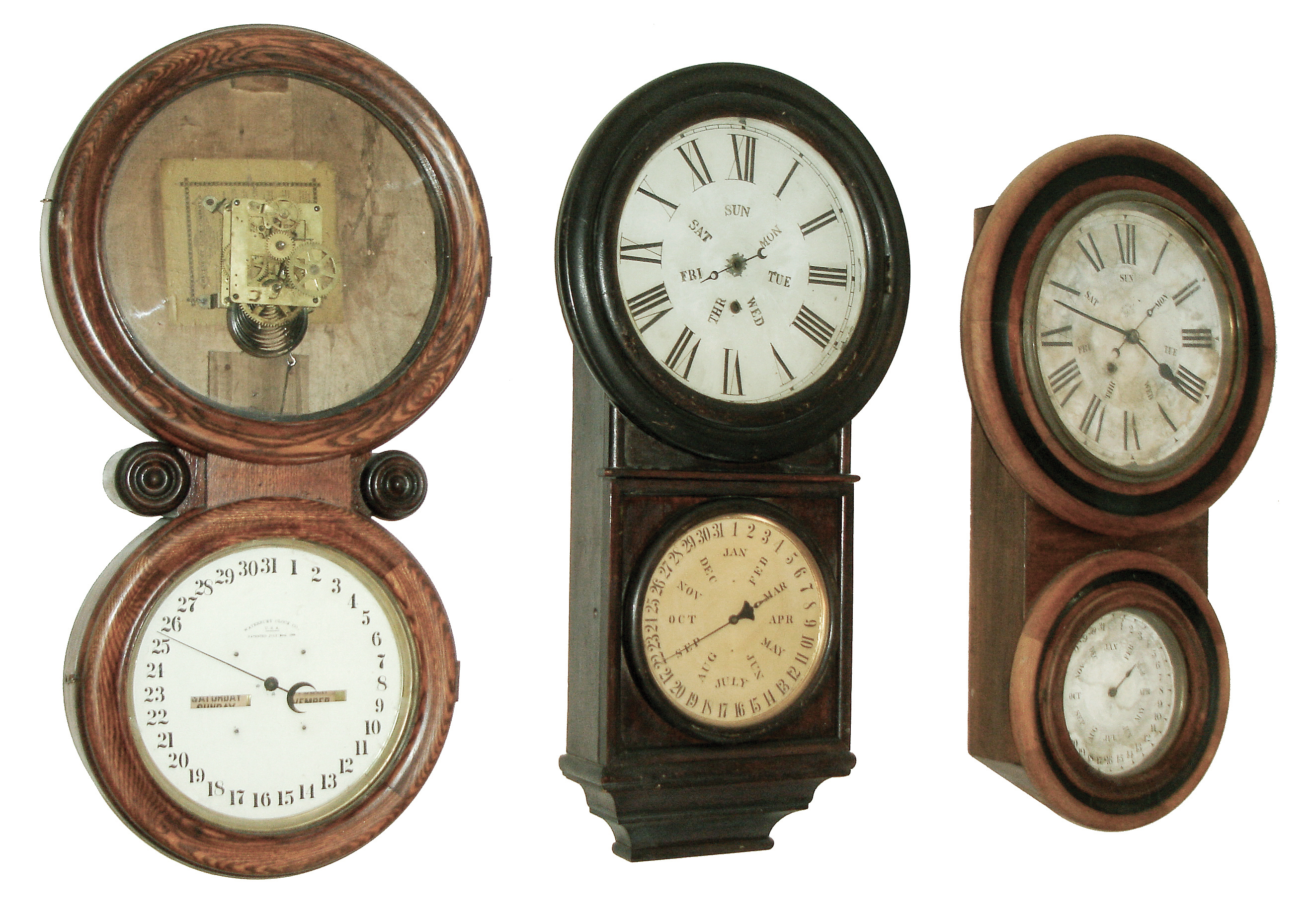 Clocks- 3 (Three): (1) New Haven Clock Co., (Jerome &amp; Co.), New Haven, Conn., ÒHeronÓ, 8 days, double dial calendar timepiece, c186. (2) Waterbury Clock Co., Waterbury, Conn., ÒCalendar No. 34Ó, 8 days, double dial calendar timepiece, c193. (3) Welch, Spring &amp; Co., Forestville, Conn., 8 day. double dial calendar timepiece, c1880 — Antique Clocks Price Guide