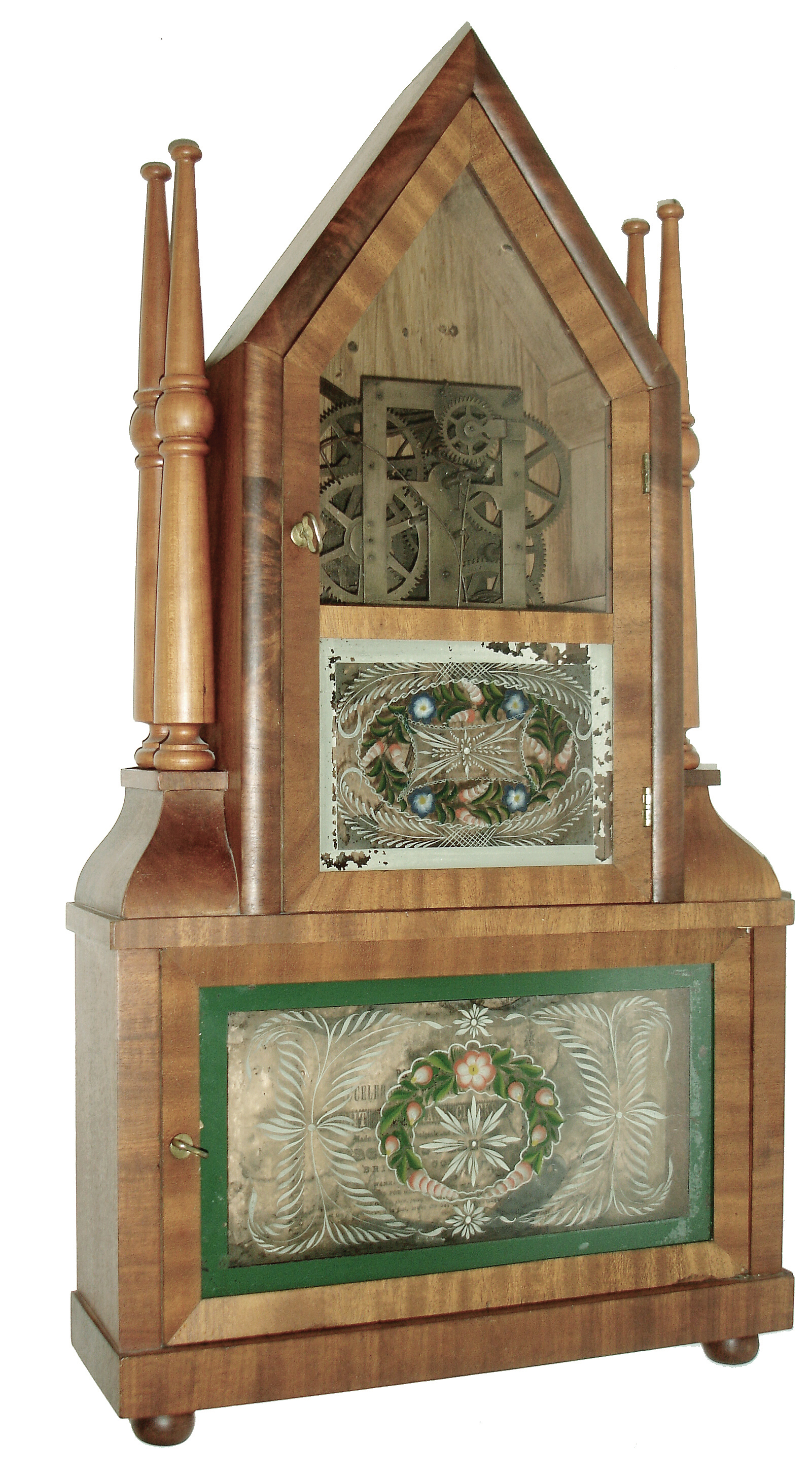 Clocks- 4 (Four) Connecticut shelf clocks: (1) Birge &amp; Fuller, Bristol, Conn., 8 days, time and strike, wagon spring steeple on frame with candle finials; (2) Lucius B. Bradley, Watertown, Conn., 30 hours, time and strike, pillar and scroll; (3) William Sherwin, Buckland, Mass., 30 hours, time and strike, weight driven, wood movement, column &amp; splat shelf clock, c1830; (4) Forestville Mfg. Co. (J.C. Brown), 8 days, time and strike, weight brass movement carved column and cornice shelf clock with carved paw feet, c1845 — Antique Clocks Price Guide